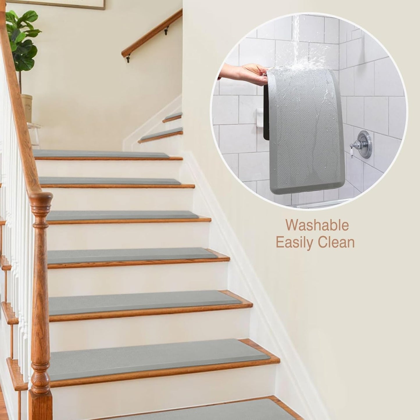 PURE ERA Non Slip Cushioned Stair Treads Anti Fatigue Indoor Stair Protectors Skid Resistant Tape Free Stair Comfort Mats Washable 8"x30" (12Pieces,Ligh Gray)