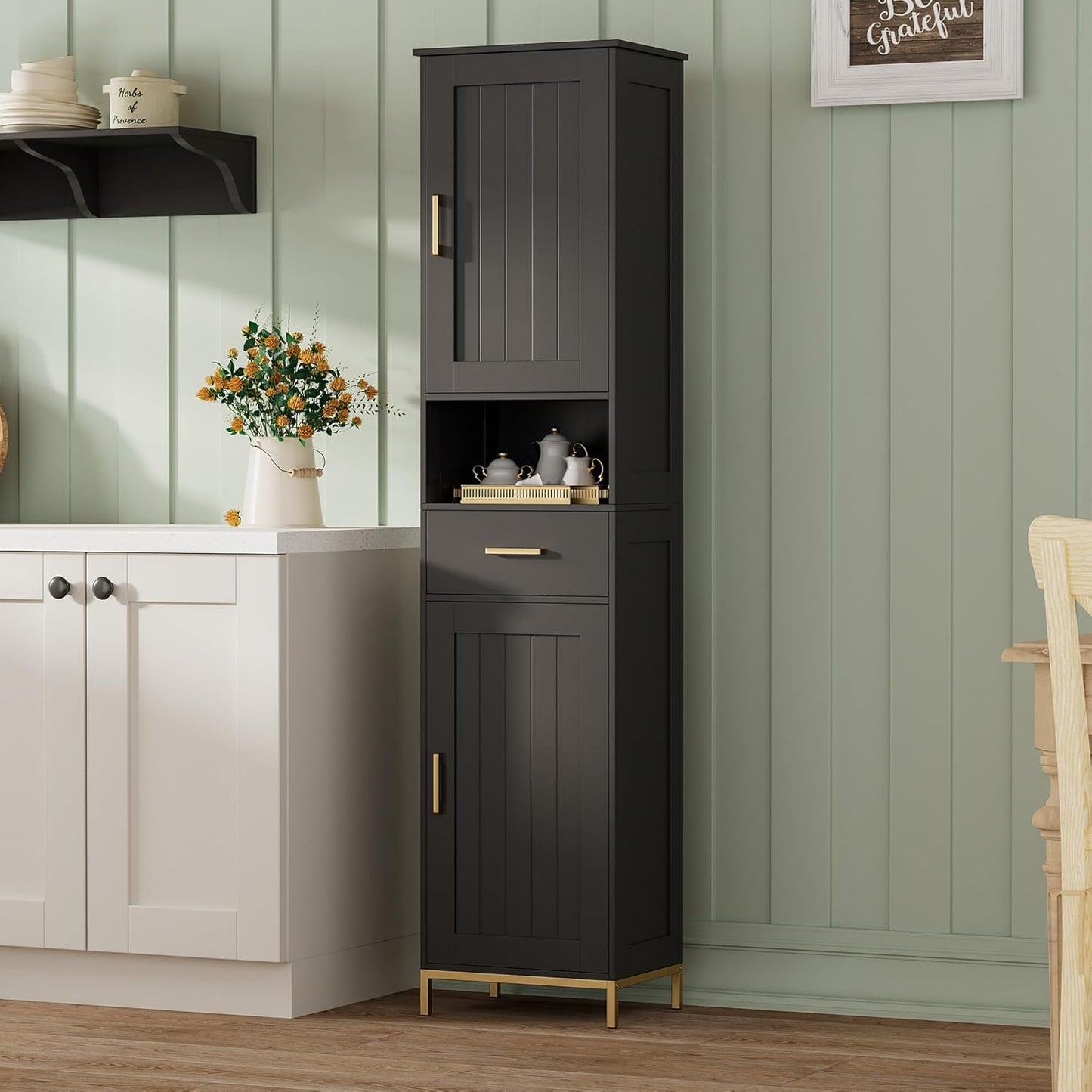 Homhedy 67" H Bathroom Storage Cabinet, Tall Narrow Cabinet with Adjustable Shelves, Freestanding Cabinet with 2 Doors and Drawer, Linen Cabinet for Bathroom, Living Room, Kitchen, Dining Room, Black