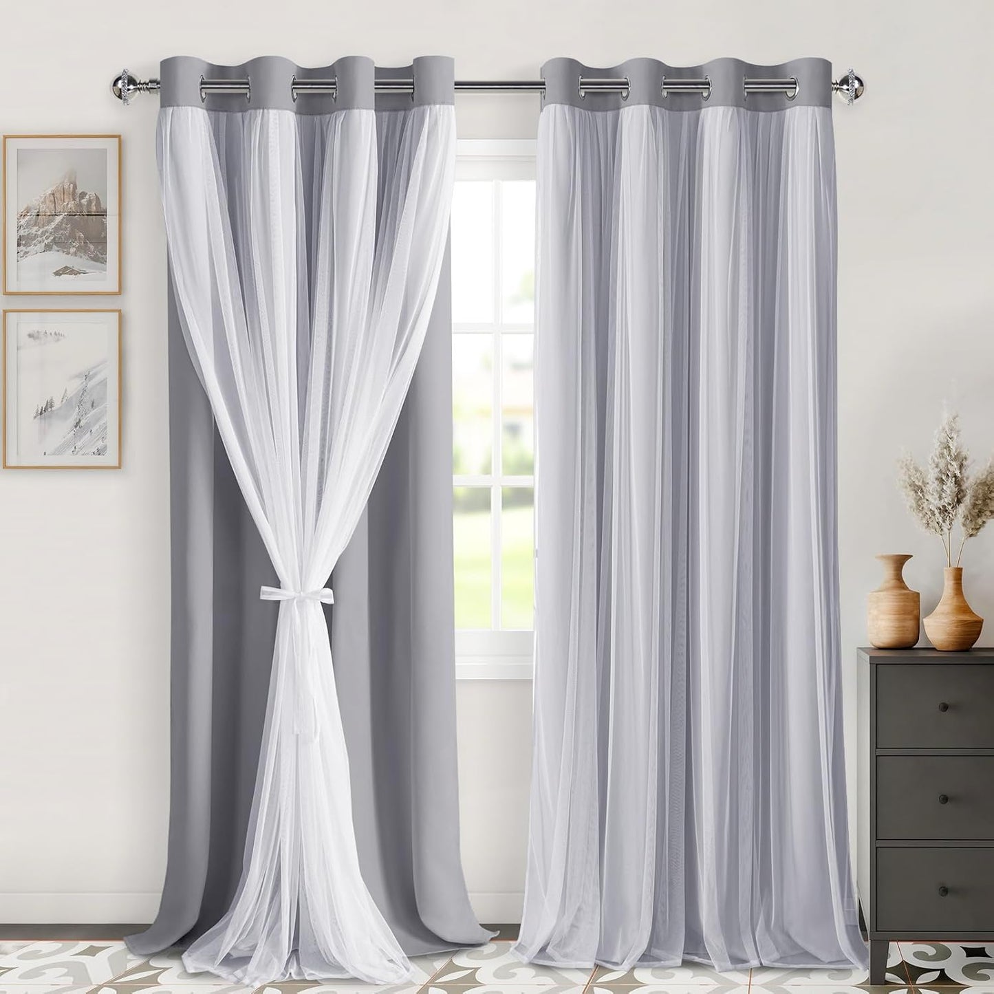 DWCN Blackout and Sheer Curtains with Tiebacks Layered Curtains for Living Room Grommet Top Window Curtain Panels with Sheer Overlay, 52 W by 84 L, Ivory, 2 Pieces