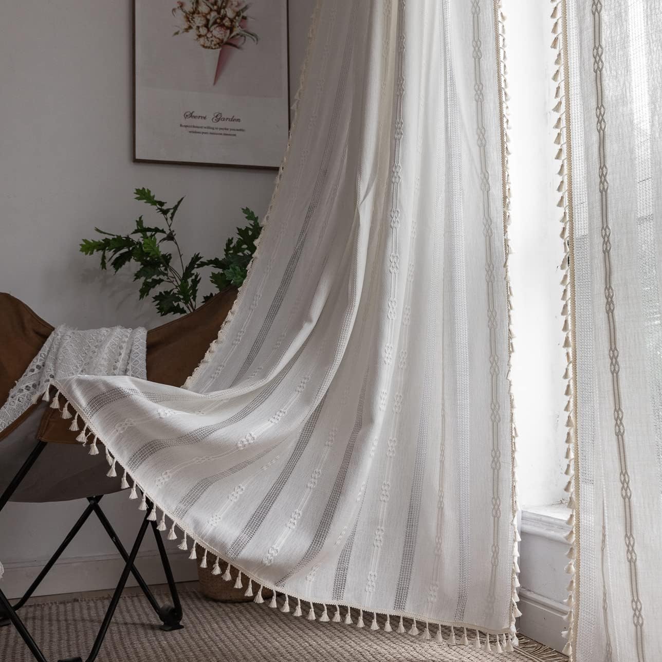 Linen Curtains 84 Inches Long - Embroidery Striped Farmhouse for Living Room, Tassel Boho for Bedroom, Light Filtering 2 Panels Set Rod Pocket Drapes (52" W x 84" L, Khaki)