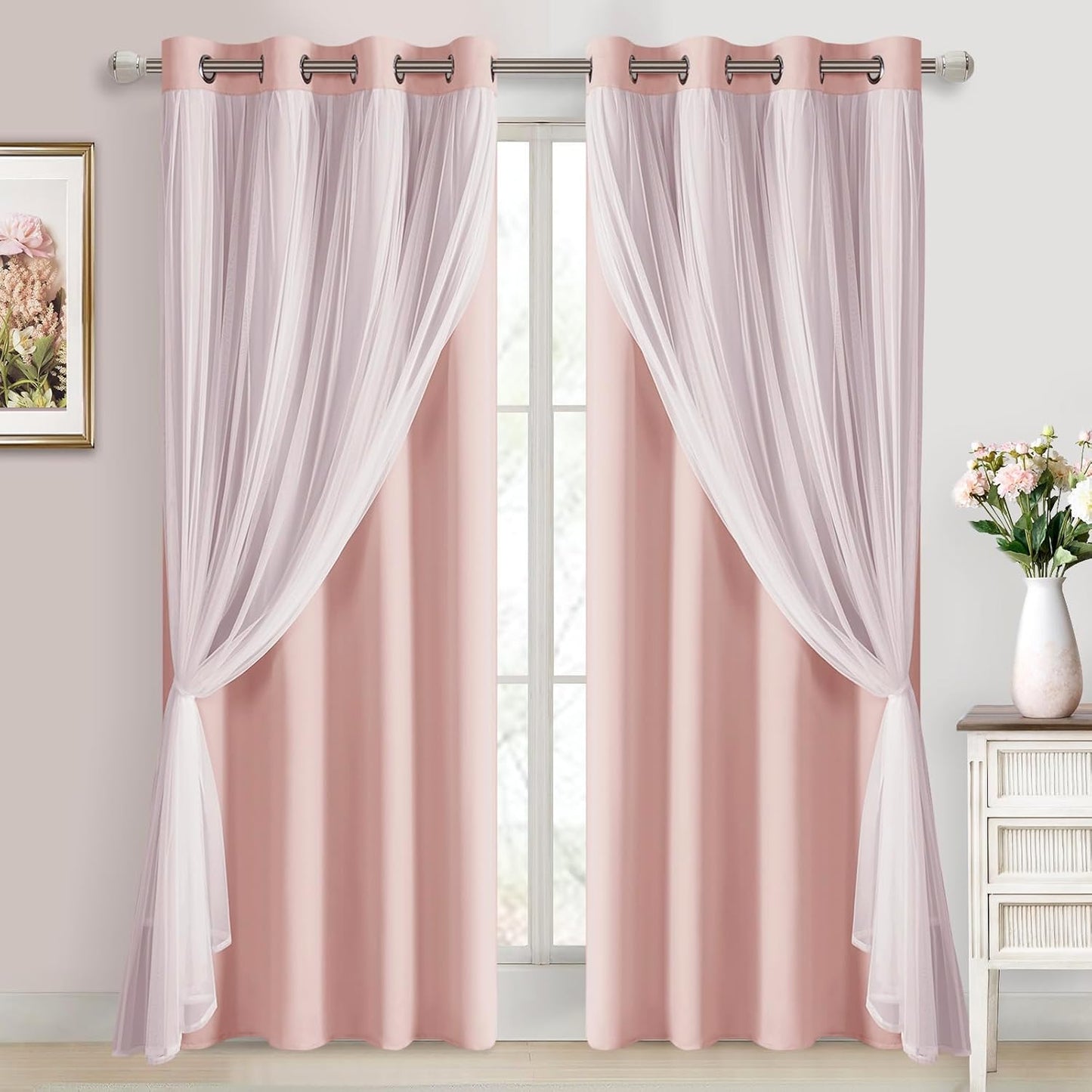 DWCN Blackout and Sheer Curtains with Tiebacks Layered Curtains for Living Room Grommet Top Window Curtain Panels with Sheer Overlay, 52 W by 84 L, Ivory, 2 Pieces