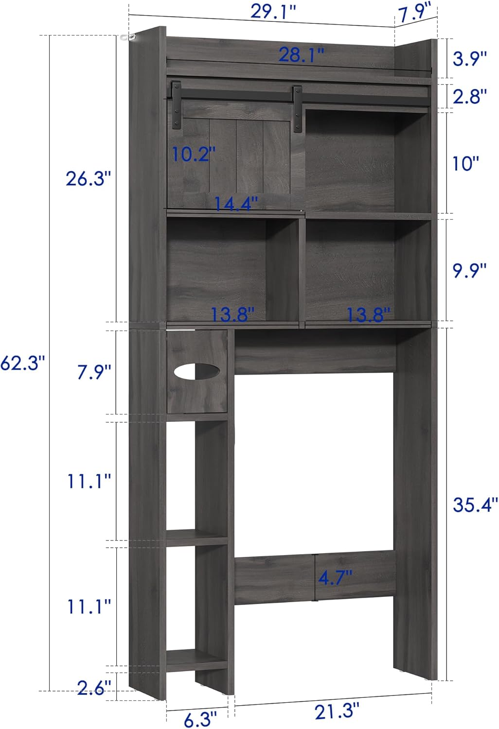 Over-The-Toilet Storage Cabinet with Sliding Door & Toilet Paper Holder Stand, Bathroom Organizer with Side Storage for Restroom, Dark Grey