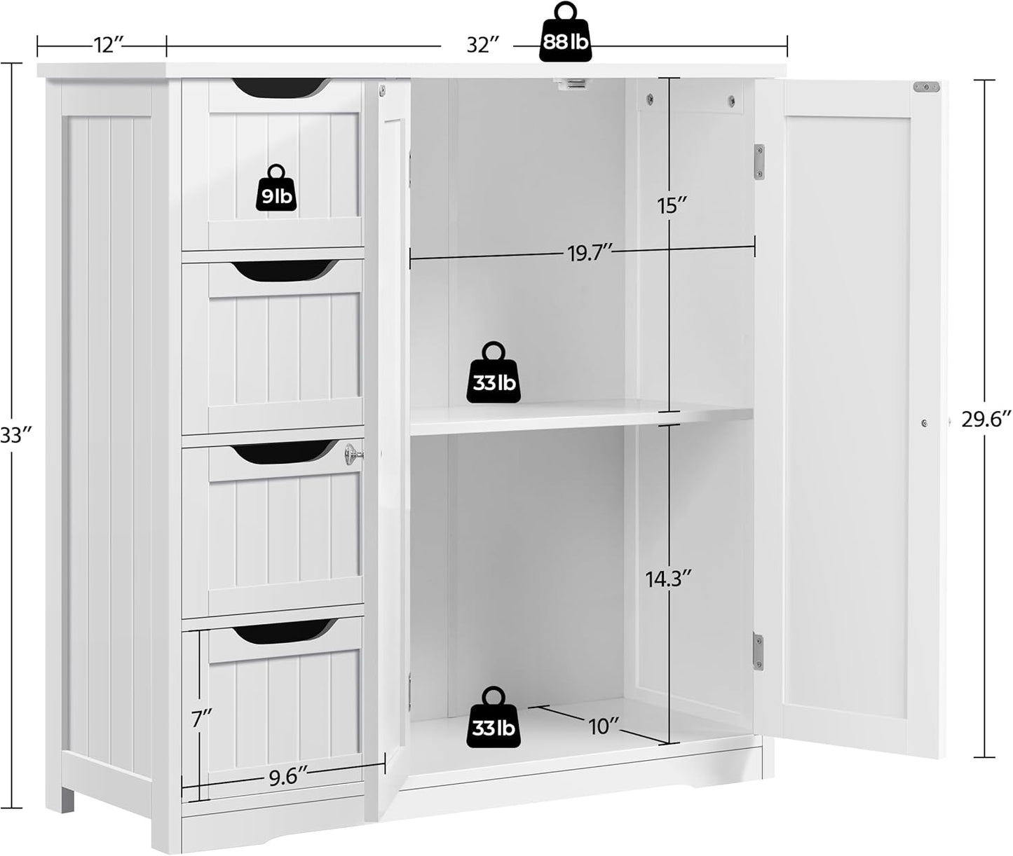 Yaheetech Wooden Bathroom Floor Cabinet, Side Storage Organizer Cabinet with 4 Drawers & Double Doors, Freestanding Entryway Storage Unit Console Table, Bathroom Furniture Home Decor, White