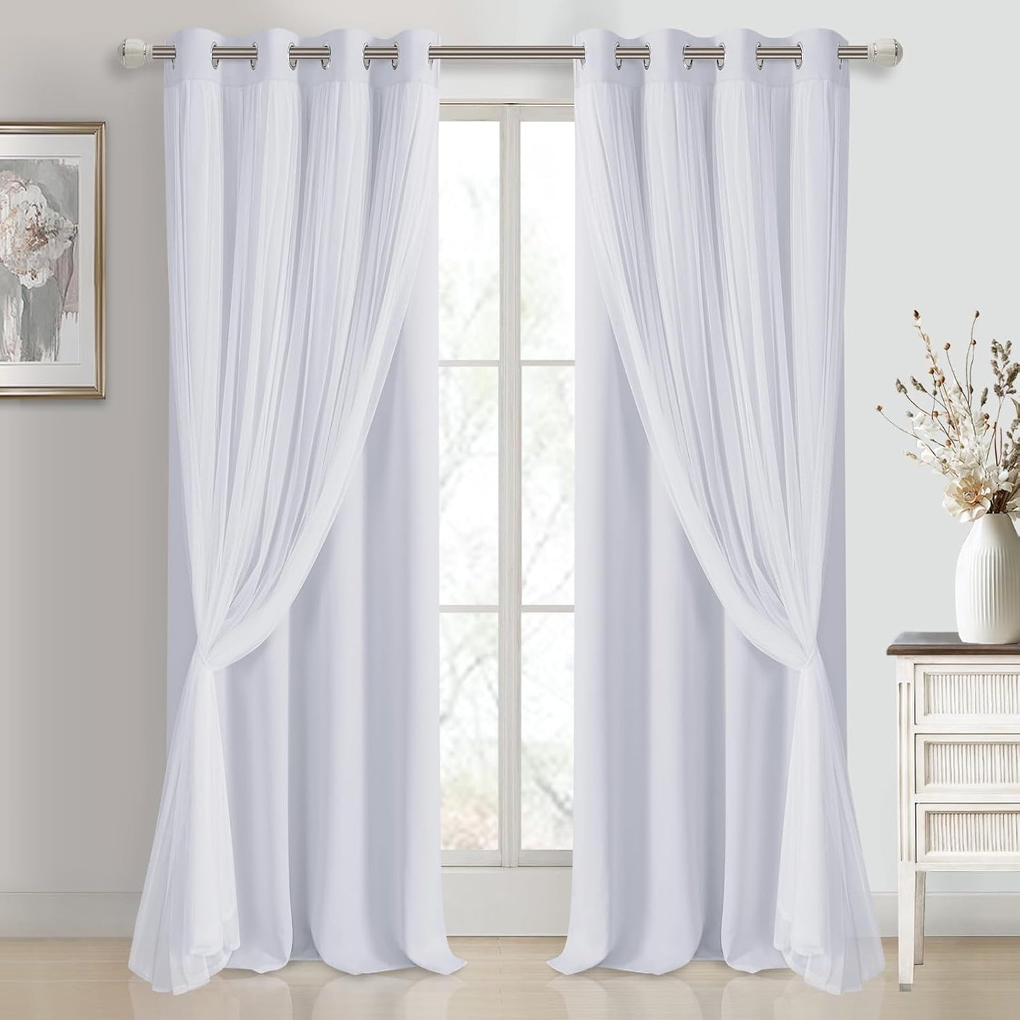 DWCN Blackout and Sheer Curtains with Tiebacks Layered Curtains for Living Room Grommet Top Window Curtain Panels with Sheer Overlay, 52 W by 84 L, Ivory, 2 Pieces