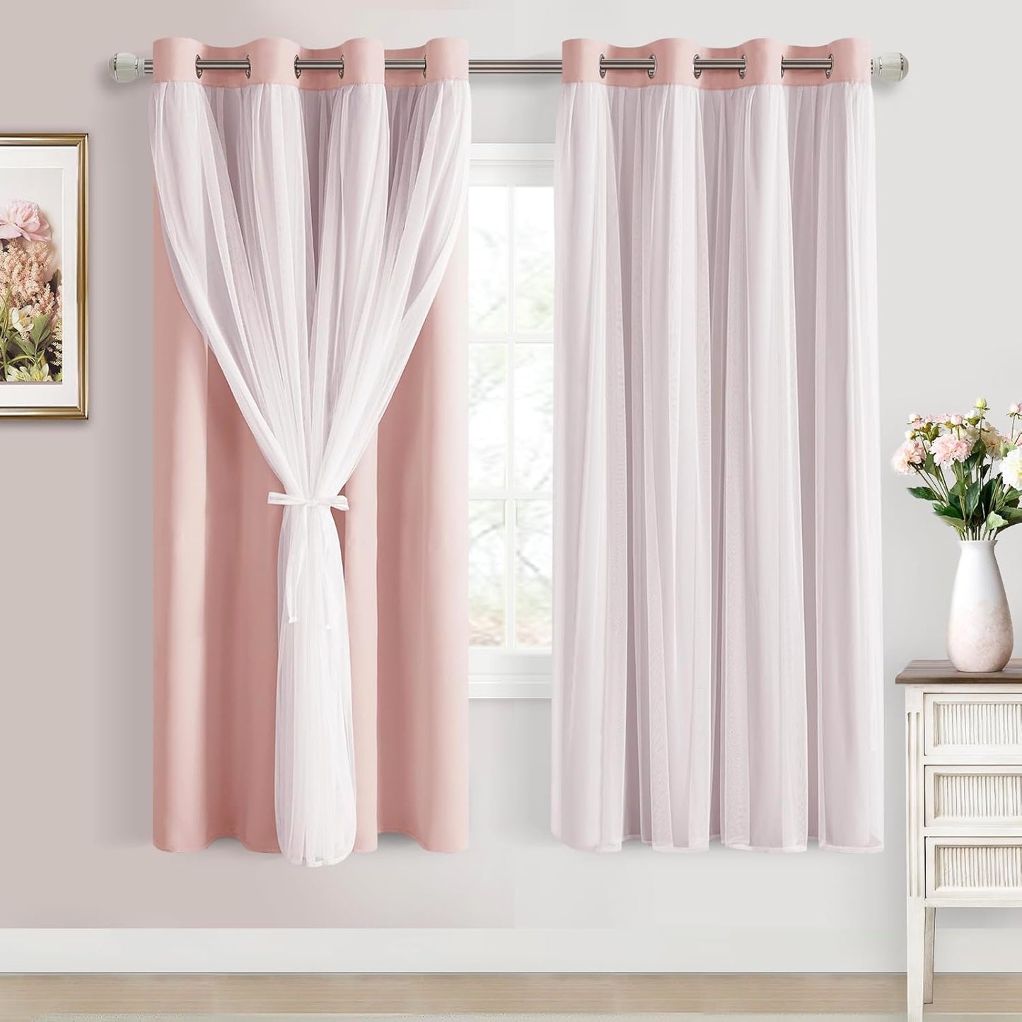 DWCN Blackout and Sheer Curtains with Tiebacks Layered Curtains for Living Room Grommet Top Window Curtain Panels with Sheer Overlay, 52 W by 84 L, Ivory, 2 Pieces