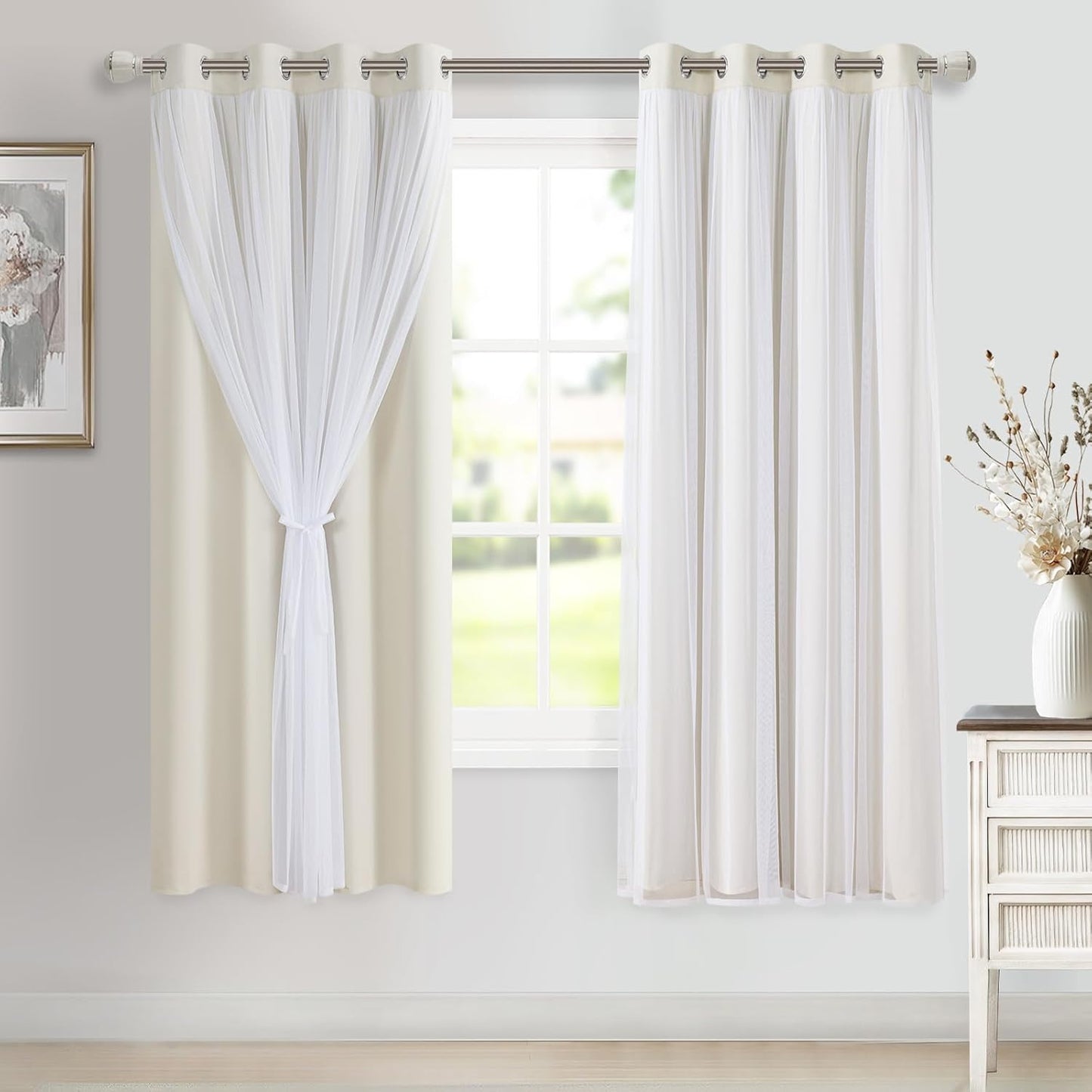 DWCN Blackout and Sheer Curtains with Tiebacks Layered Curtains for Living Room Grommet Top Window Curtain Panels with Sheer Overlay, 52 W by 84 L, Ivory, 2 Pieces