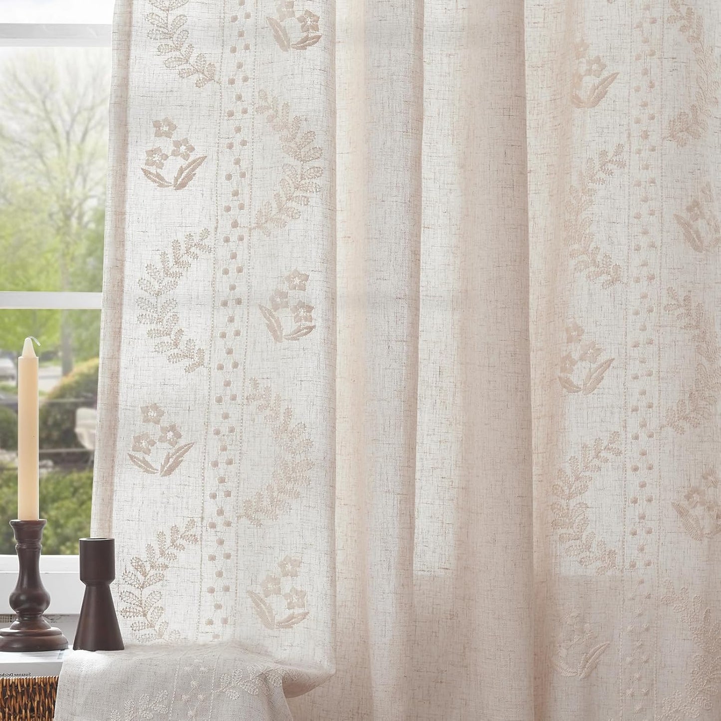 jinchan Belrose Linen Curtains for Bedroom Floral Curtains 84 Inch Length Linen Blend Beige Embroidered Drapes Farmhouse Flower Patterned Drapes for Living Room Window Treatments Set 2 Panels