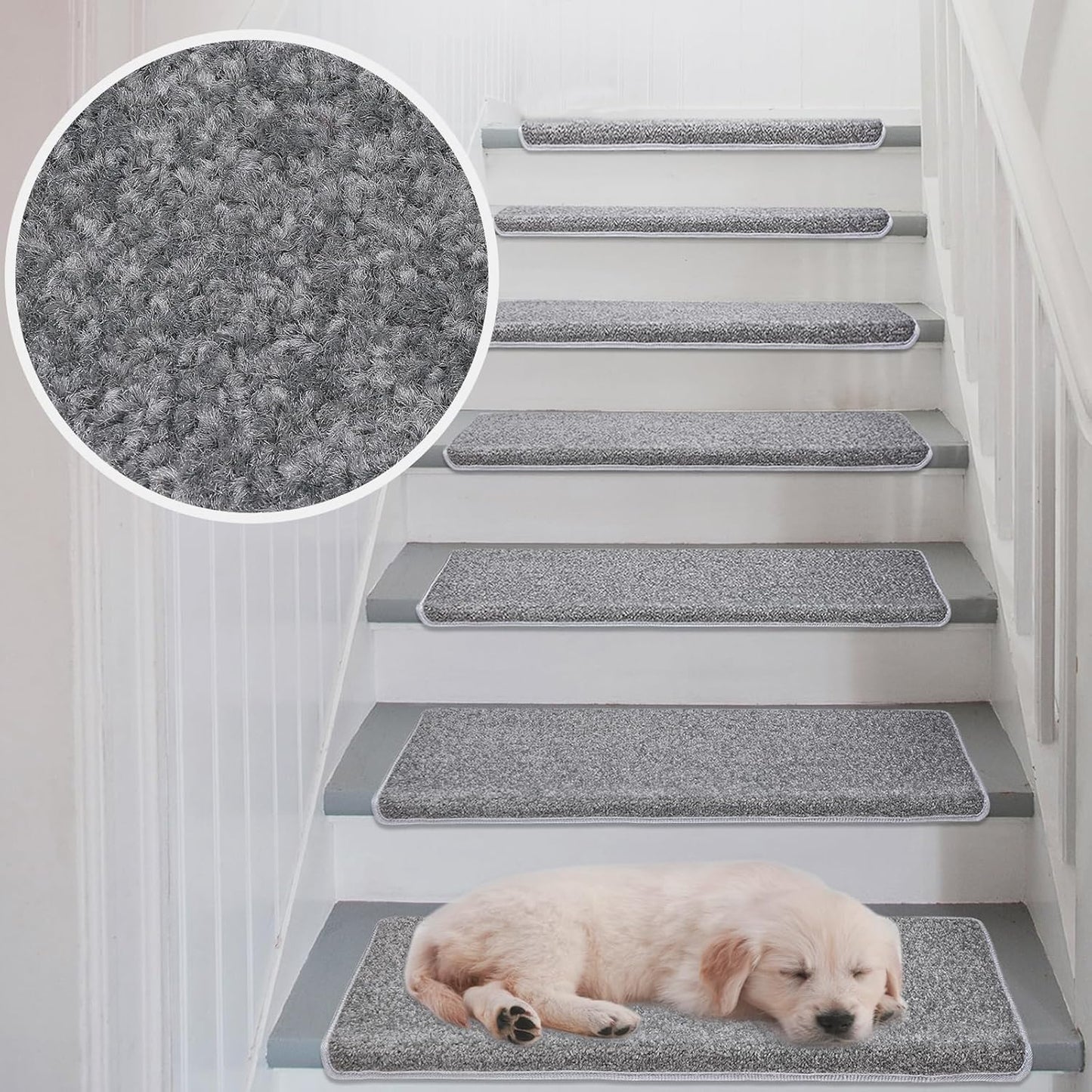 PURE ERA Bullnose Carpet Stair Treads Set Tape Free Non-Slip Indoor Stair Protectors Pet Friendly Rugs Covers Soft Skid Resistant Washable Reusable 9.5" x 30"(14 Pieces,Gray)