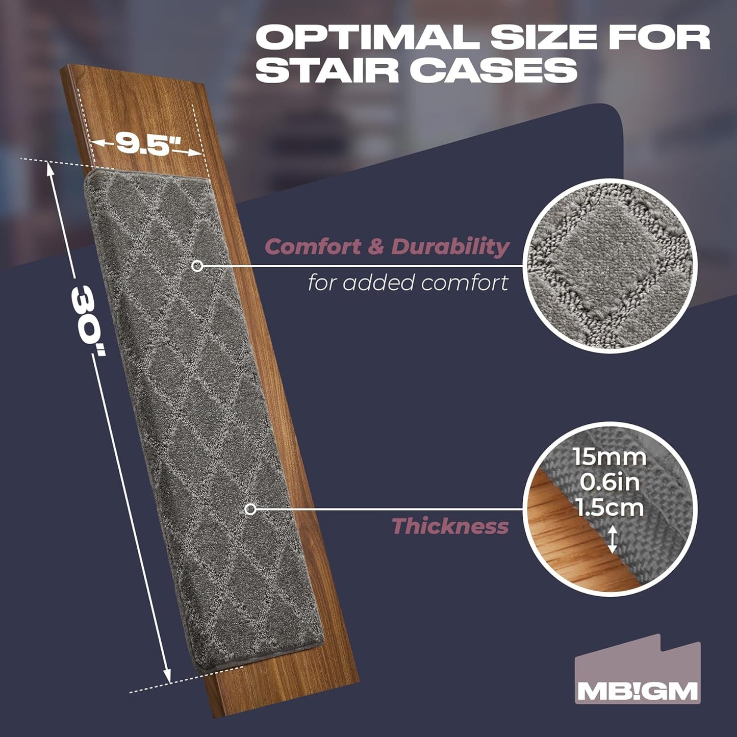 MBIGM Bullnose Non-Slip Stair Treads w/Reusable Adhesive - 14 Pack 9.5" x 30" Wooden Steps Protection - TPU Backing with Steel Reinforcement - Diamond Dark Grey Bullnose Carpet Stair Treads