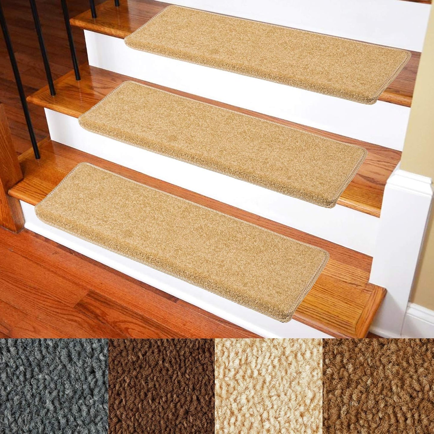 Carpet Stair Treads – Non-Slip Bullnose Carpet for Stairs – Indoor Stair Pads – Self-Adhesive – Skid Resistant & Washable – 14- Pack Black 9.5" x 30"x 1.3"