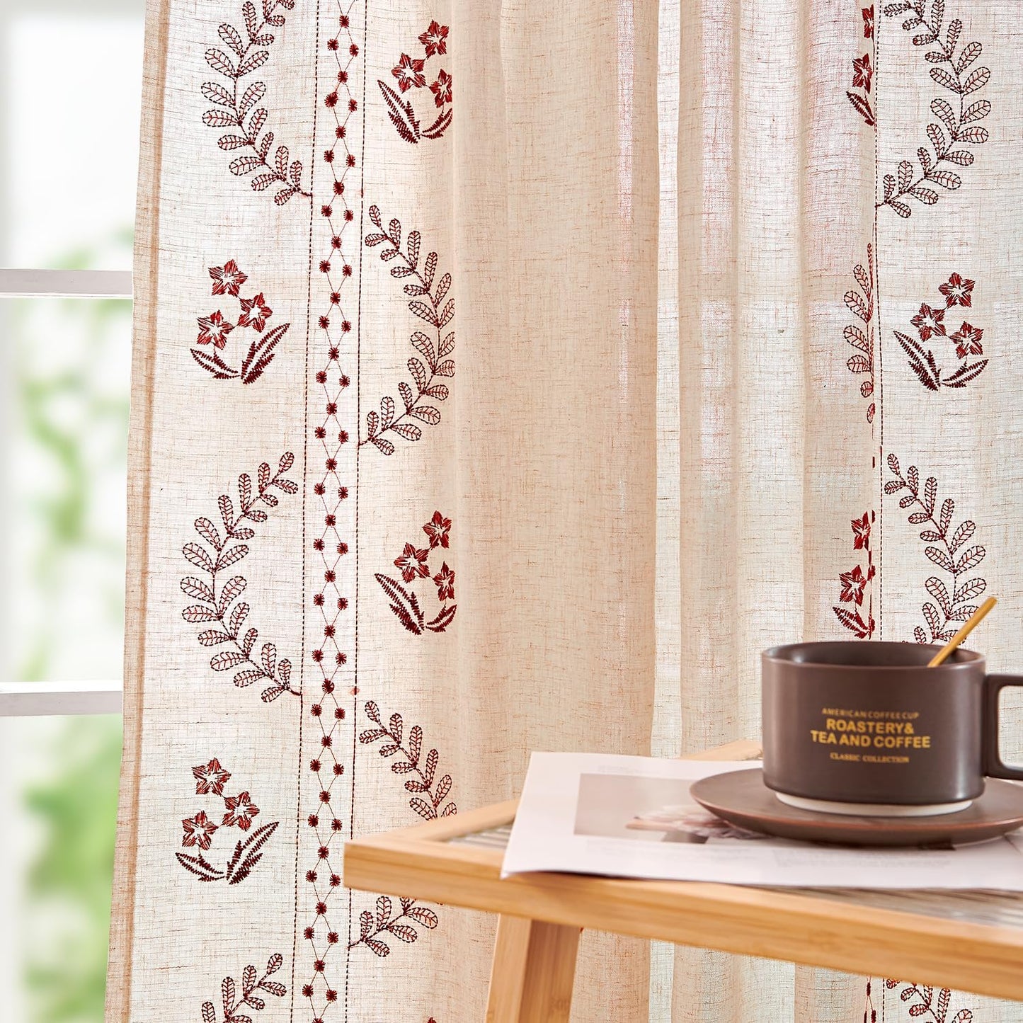 jinchan Belrose Linen Curtains for Bedroom Floral Curtains 84 Inch Length Linen Blend Beige Embroidered Drapes Farmhouse Flower Patterned Drapes for Living Room Window Treatments Set 2 Panels