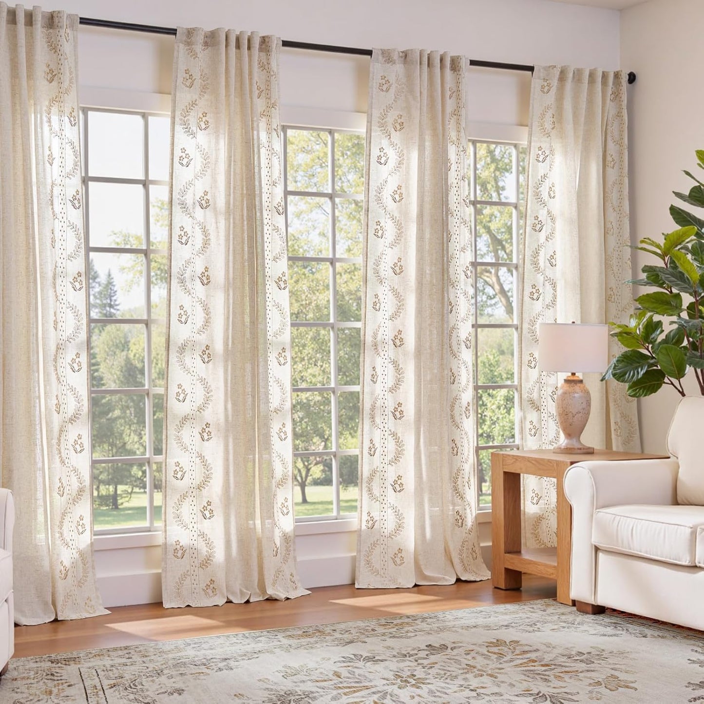 jinchan Belrose Linen Curtains for Bedroom Floral Curtains 84 Inch Length Linen Blend Beige Embroidered Drapes Farmhouse Flower Patterned Drapes for Living Room Window Treatments Set 2 Panels