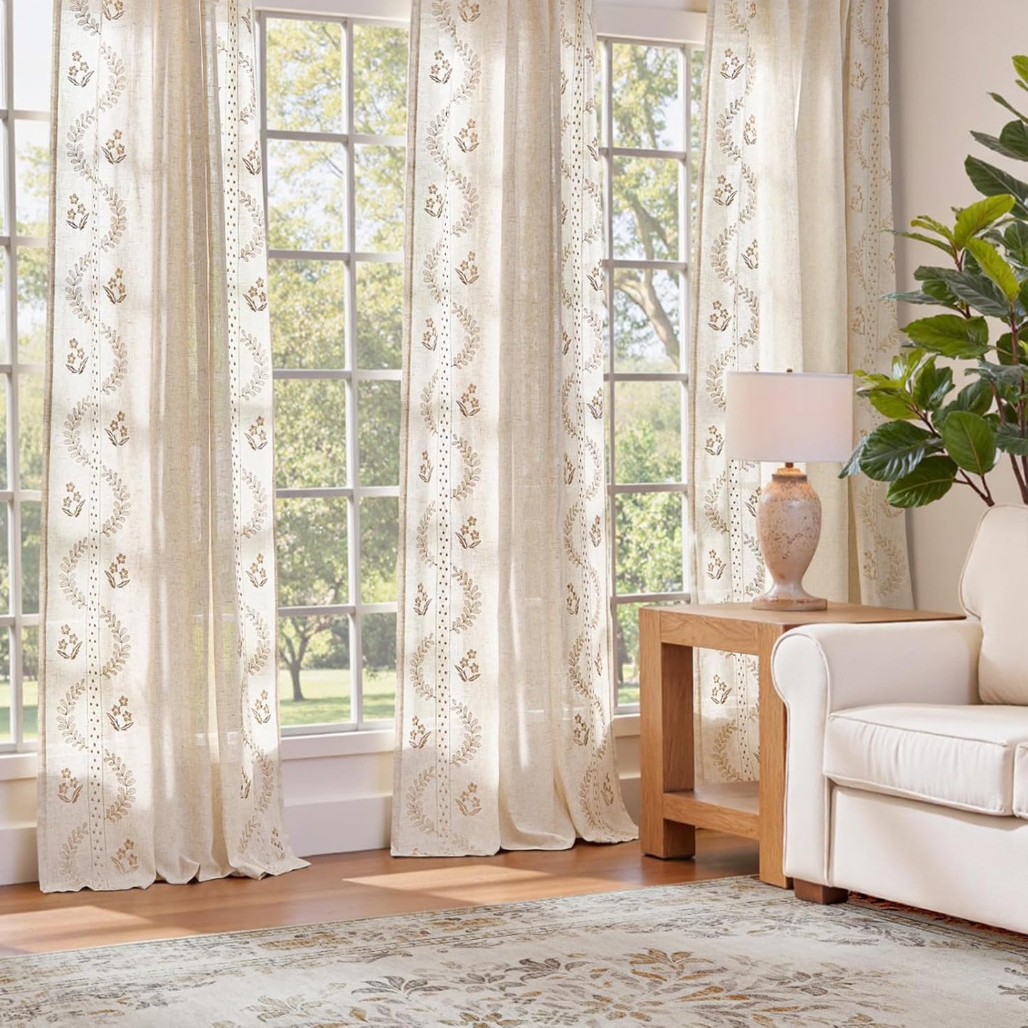jinchan Belrose Linen Curtains for Bedroom Floral Curtains 84 Inch Length Linen Blend Beige Embroidered Drapes Farmhouse Flower Patterned Drapes for Living Room Window Treatments Set 2 Panels