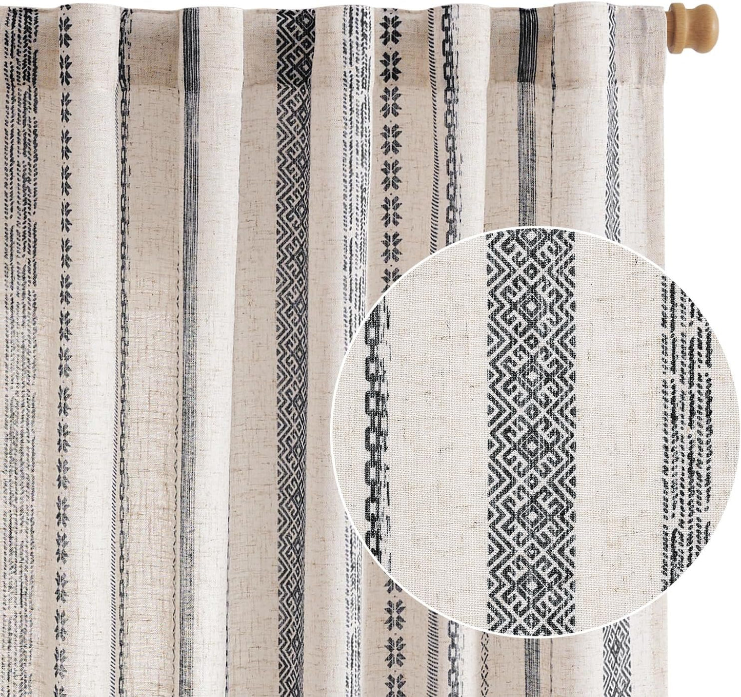 jinchan Linen Blend Boho Curtains for Living Room, 84 Inch Long Blue Printed on Beige Retro Farmhouse Bohemian Geometric Drapes, Light Filtering Back Tab Curtains 2 Panels