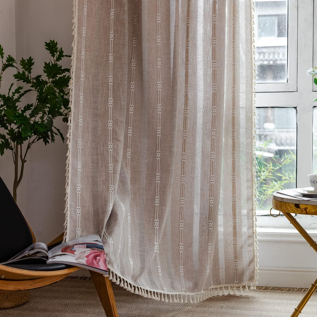 Linen Curtains 84 Inches Long - Embroidery Striped Farmhouse for Living Room, Tassel Boho for Bedroom, Light Filtering 2 Panels Set Rod Pocket Drapes (52" W x 84" L, Khaki)
