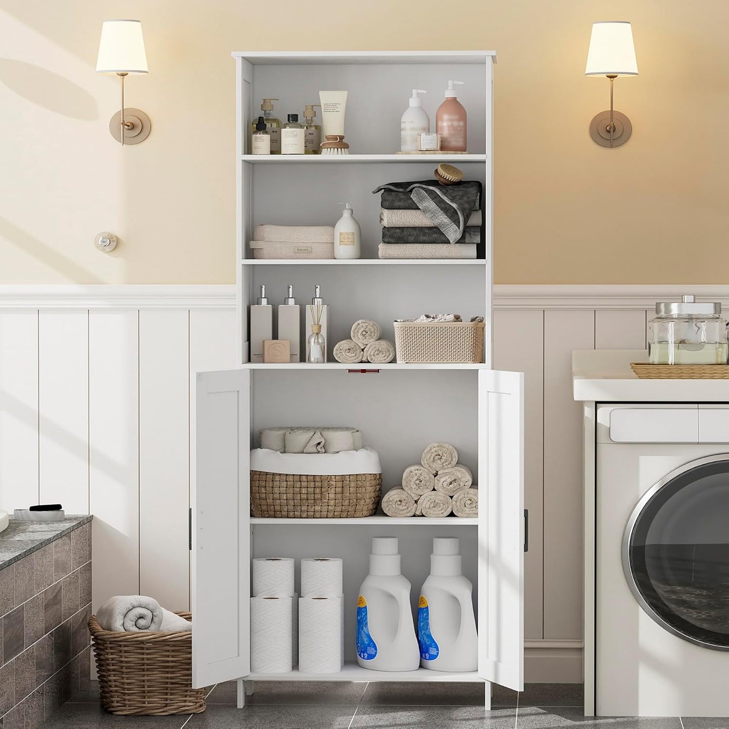 Homhedy 67" Tall Bathroom Storage Cabinet, Freestanding Farmhouse Cabinet with 2 Doors and Shelves, Bathroom Organizers and Storage for Kitchen, Living Room, Laundry Room, White