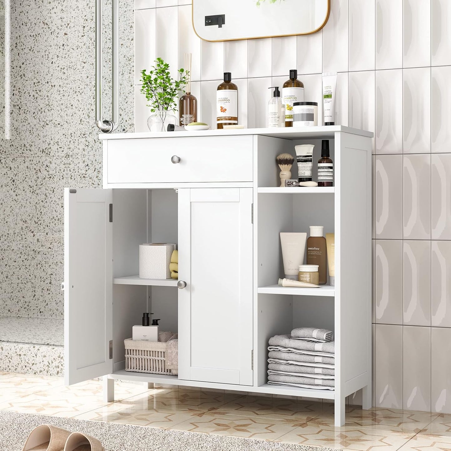 Irontar Bathroom Cabinet with Doors, Bathroom Floor Cabinet with Drawer & Adjustable Shelf, Kitchen Cupboard Storage for Living Room, Entryway, White
