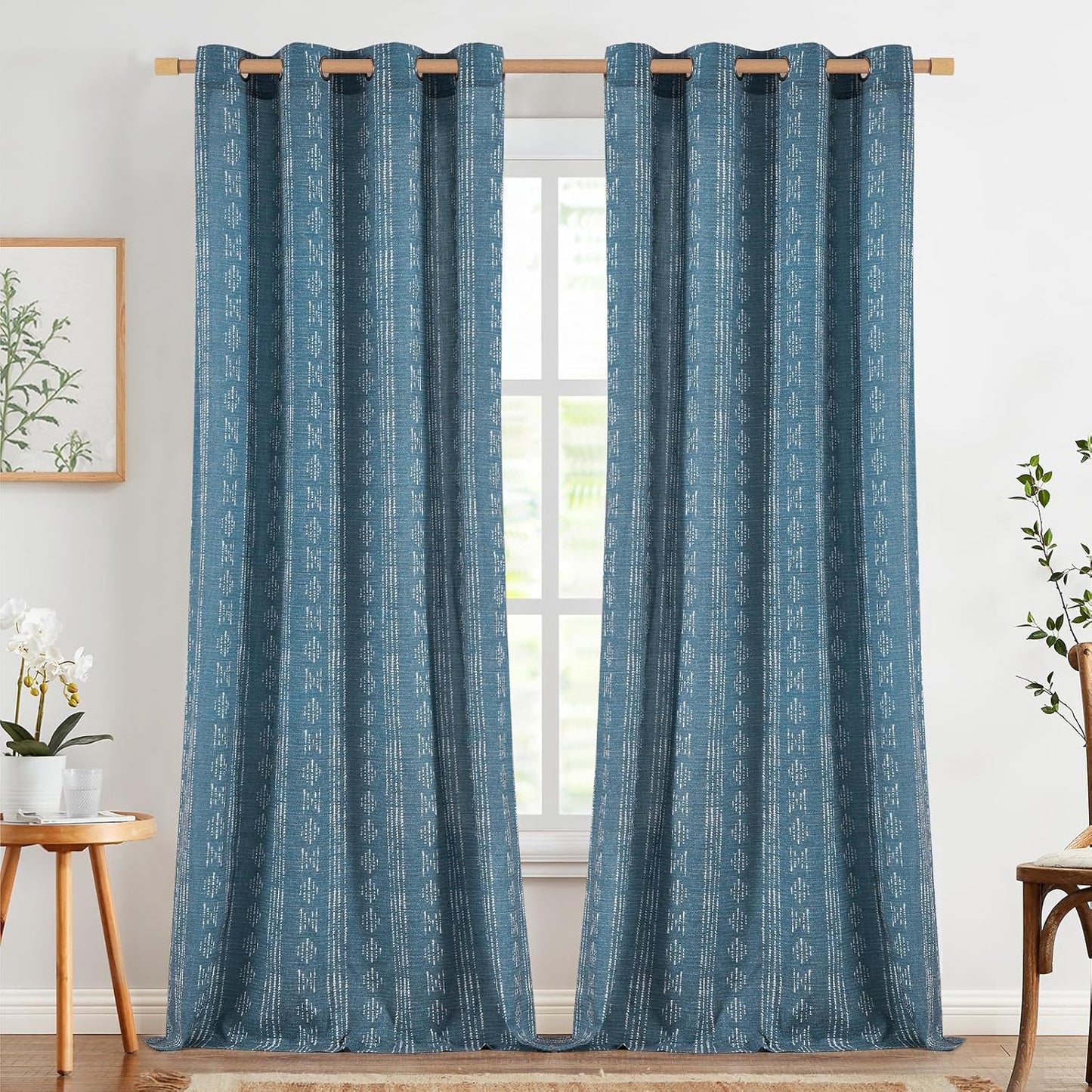 jinchan Linen Blend Boho Curtains for Living Room, 84 Inch Long Blue Printed on Beige Retro Farmhouse Bohemian Geometric Drapes, Light Filtering Back Tab Curtains 2 Panels