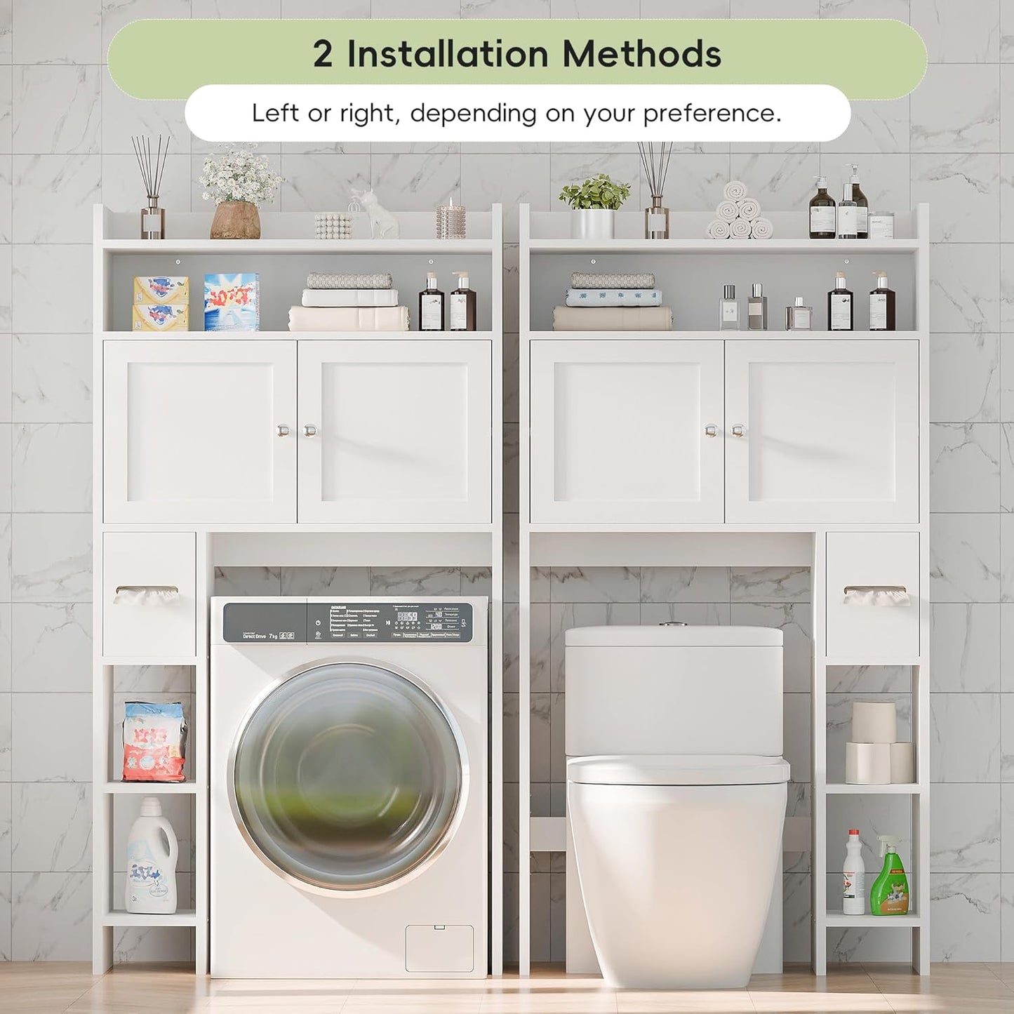 MU Over The Toilet Storage Cabinet with Doors, 32" Bathroom Storage Organizer with Side Shelves, Space-Saving Toilet Storage Rack for Bathroom, Laundry (White)