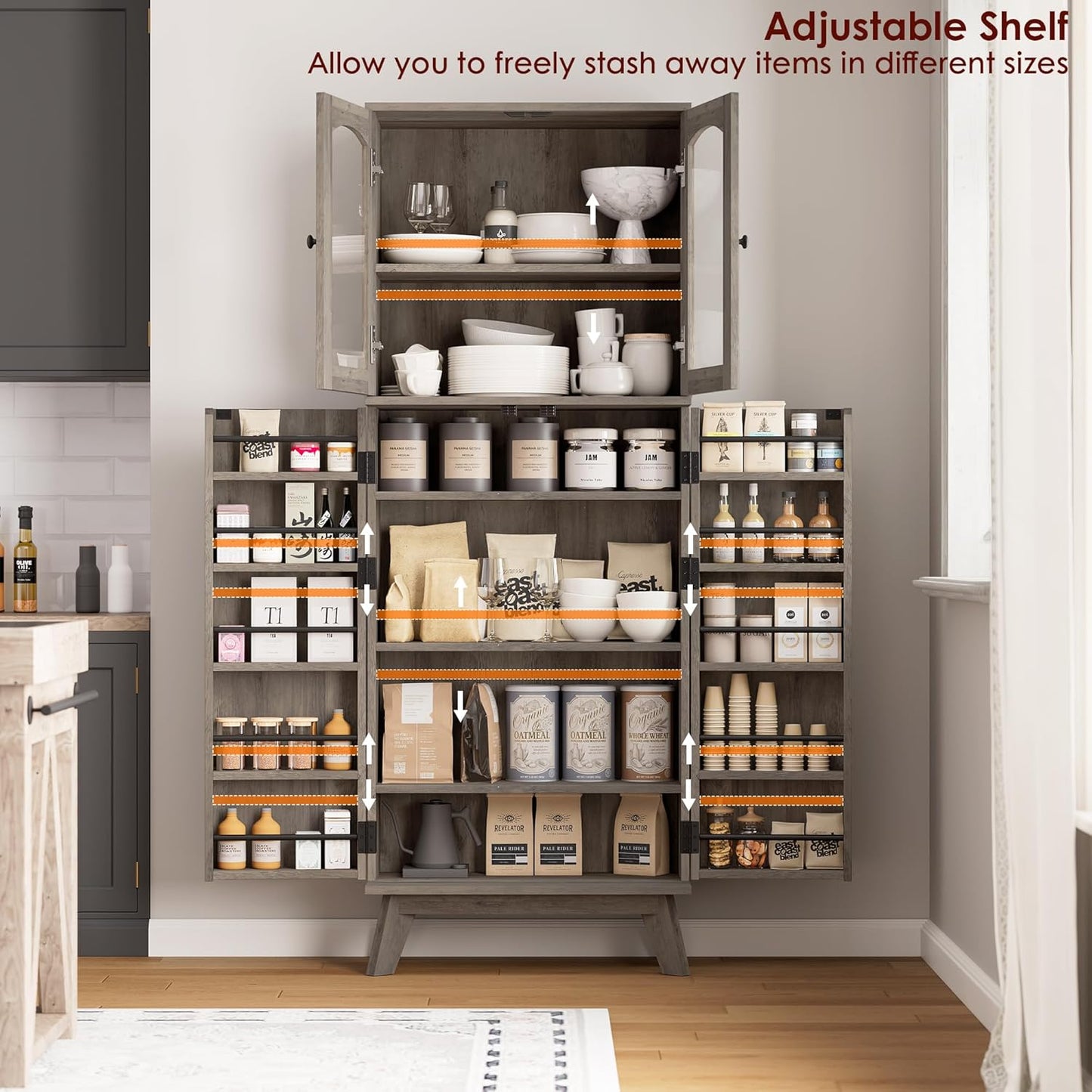 QUW 63.4" Kitchen Pantry Storage Cabinet, Tall Pantry with Glass Doors and Adjustable Shelves, Modern Freestanding Floor Cabinet Cupboard for Kitchen, Living Room, Dining Room, Grey