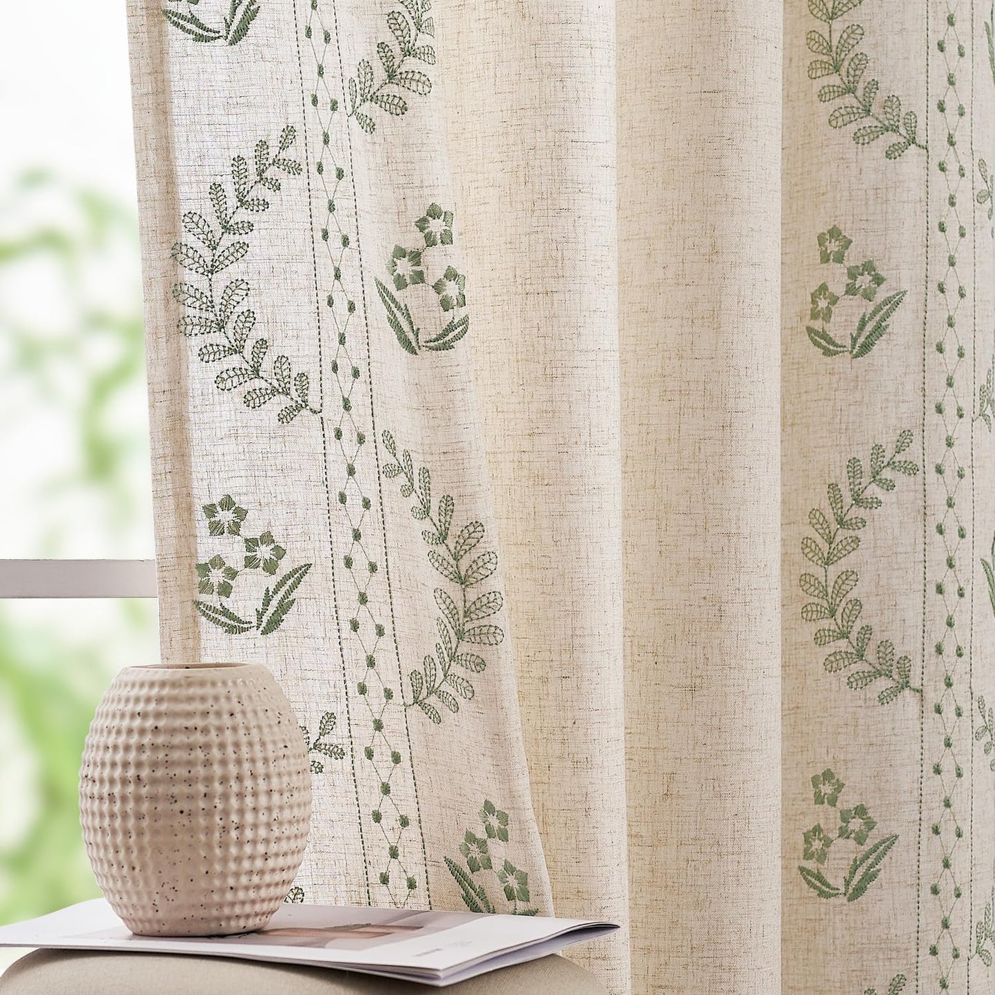 jinchan Belrose Linen Curtains for Bedroom Floral Curtains 84 Inch Length Linen Blend Beige Embroidered Drapes Farmhouse Flower Patterned Drapes for Living Room Window Treatments Set 2 Panels
