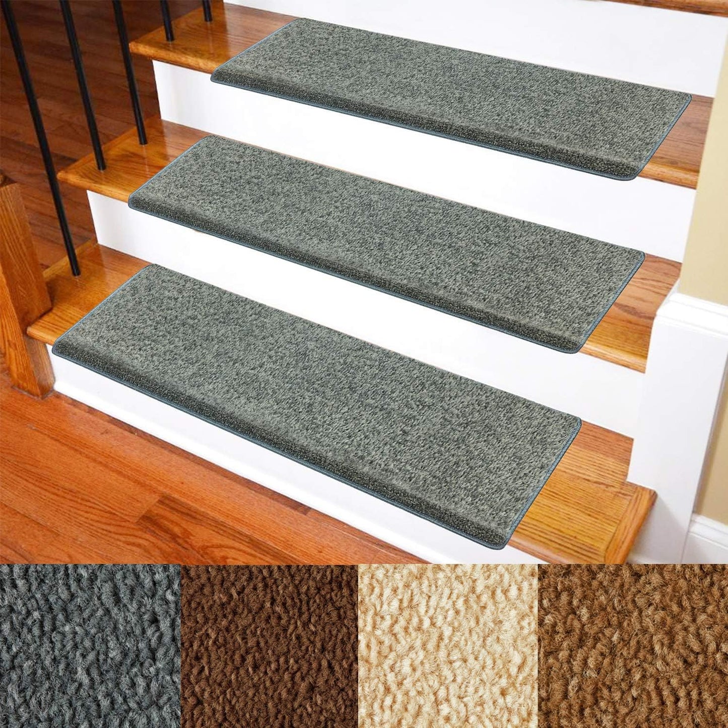 Carpet Stair Treads – Non-Slip Bullnose Carpet for Stairs – Indoor Stair Pads – Self-Adhesive – Skid Resistant & Washable – 14- Pack Black 9.5" x 30"x 1.3"