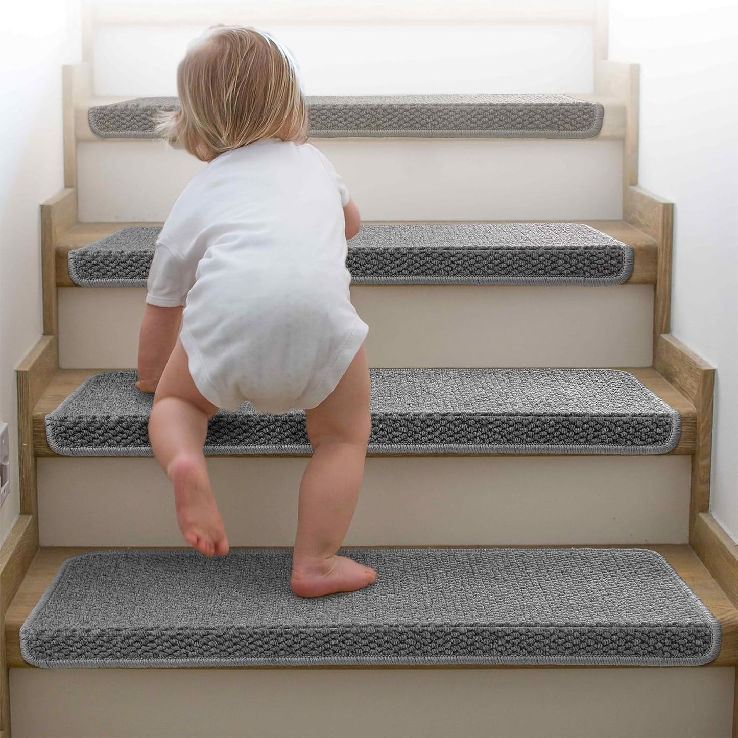 Bullnose Carpet Stair Treads, Non Slip Stair Treads for Wooden Steps Indoor, Stair Runner, Soft Stair Rugs, Edging Stair Protectors, Washable, 29.5"x9.5"x1.5" 14pcs, Grey