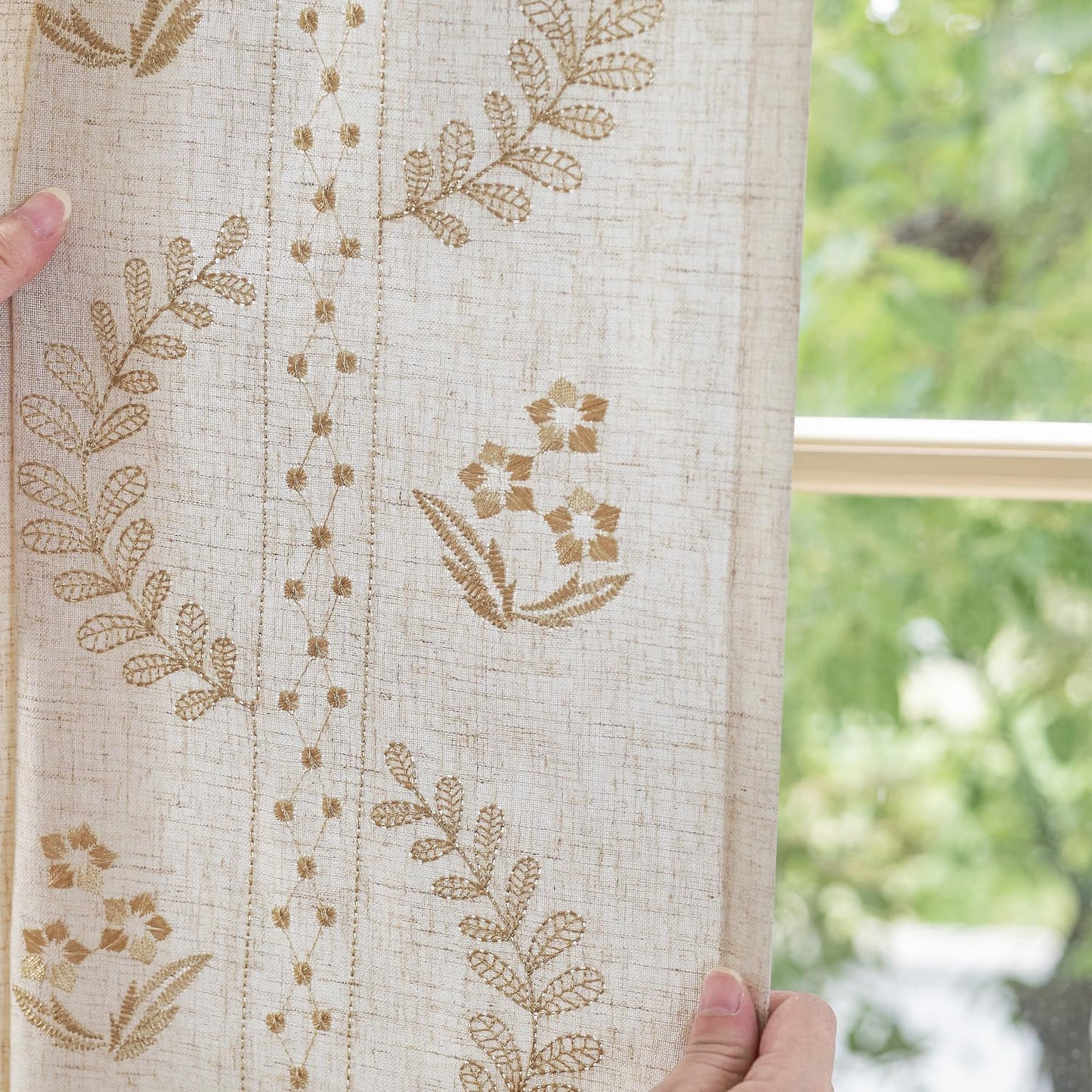 jinchan Belrose Linen Curtains for Bedroom Floral Curtains 84 Inch Length Linen Blend Beige Embroidered Drapes Farmhouse Flower Patterned Drapes for Living Room Window Treatments Set 2 Panels