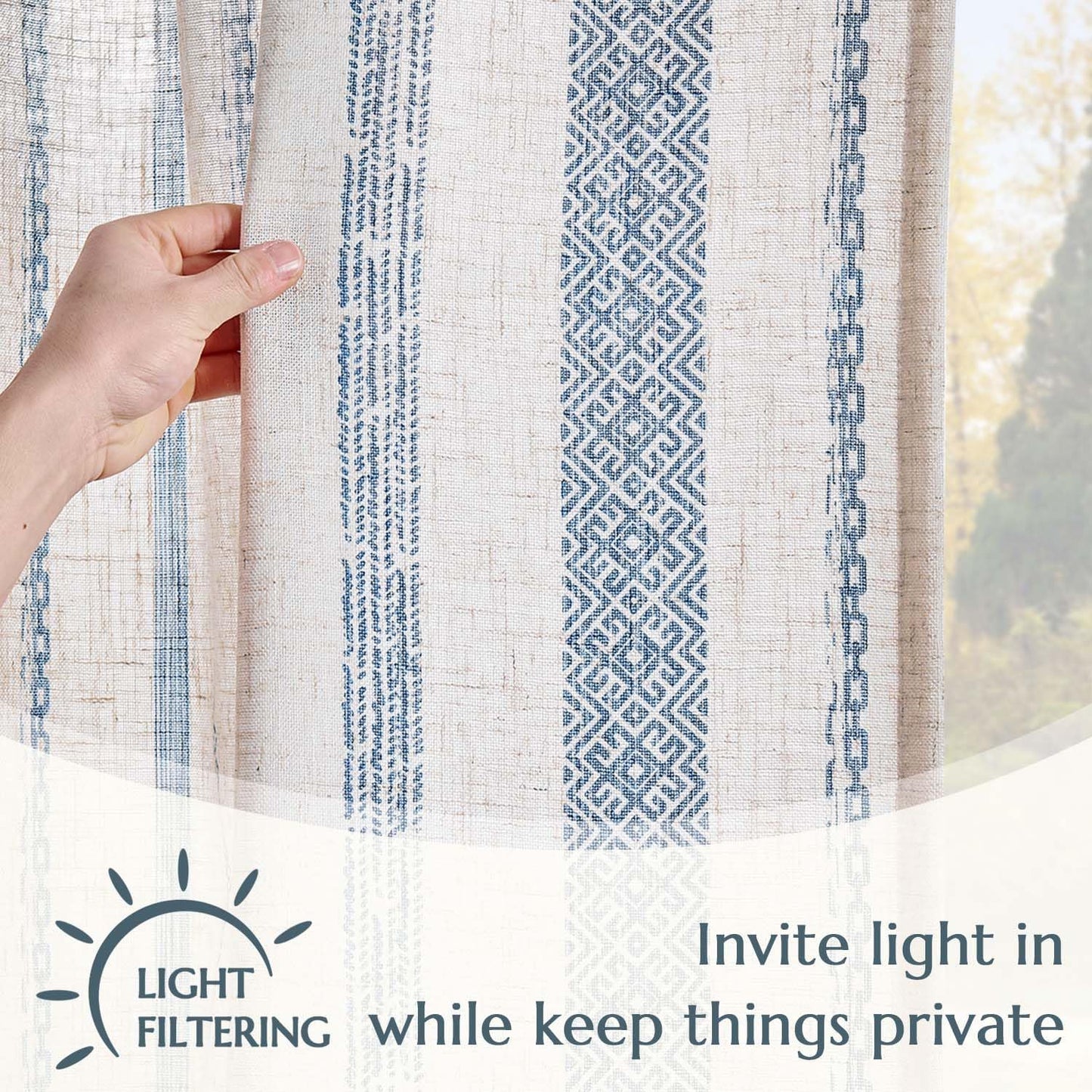 jinchan Linen Blend Boho Curtains for Living Room, 84 Inch Long Blue Printed on Beige Retro Farmhouse Bohemian Geometric Drapes, Light Filtering Back Tab Curtains 2 Panels