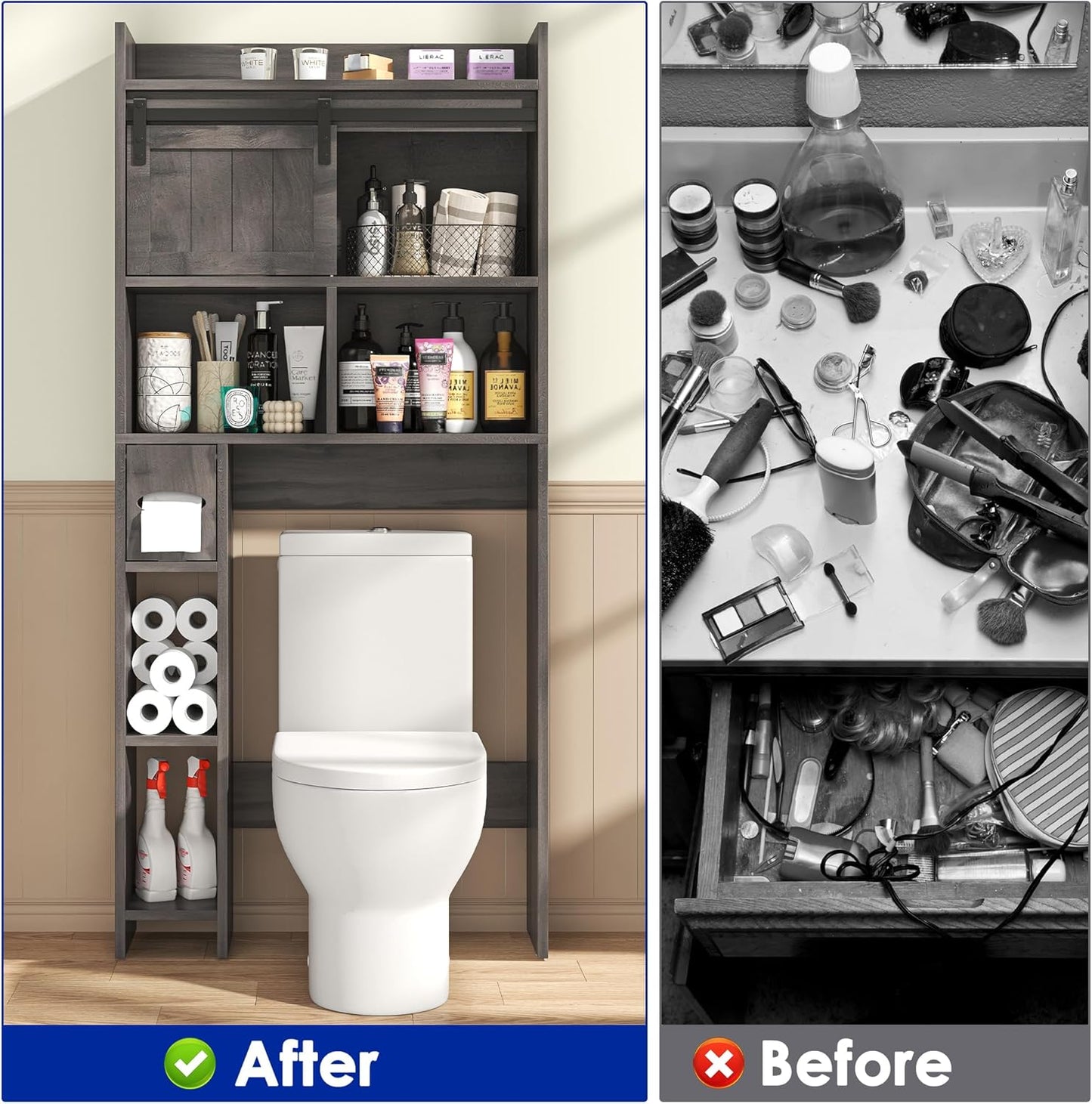 Over-The-Toilet Storage Cabinet with Sliding Door & Toilet Paper Holder Stand, Bathroom Organizer with Side Storage for Restroom, Dark Grey