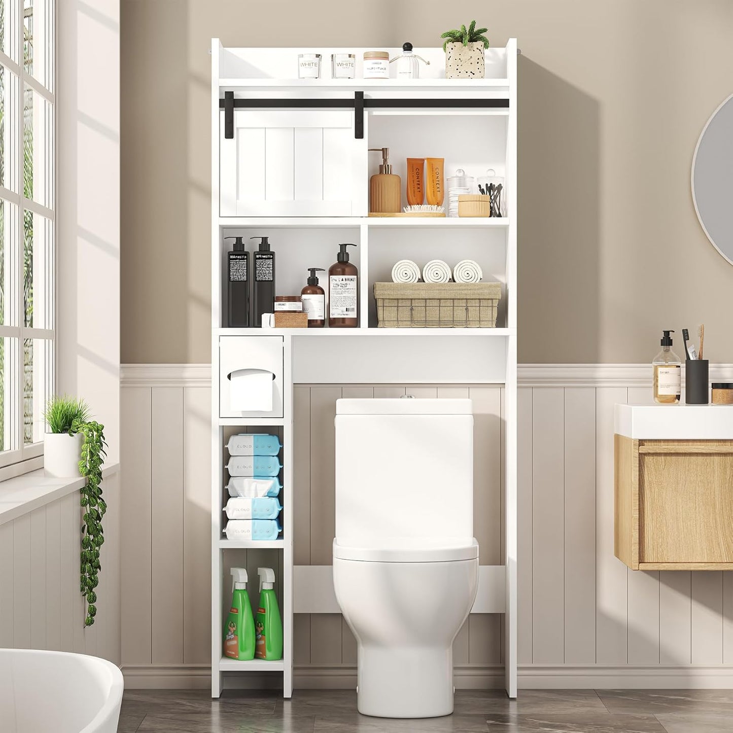 Over-The-Toilet Storage Cabinet with Sliding Door & Toilet Paper Holder Stand, Bathroom Organizer with Side Storage for Restroom, Dark Grey