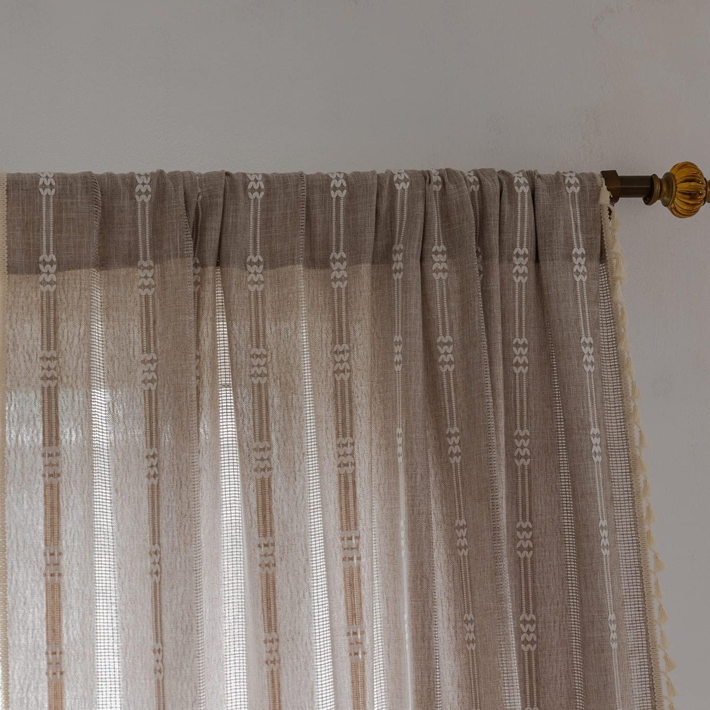 Linen Curtains 84 Inches Long - Embroidery Striped Farmhouse for Living Room, Tassel Boho for Bedroom, Light Filtering 2 Panels Set Rod Pocket Drapes (52" W x 84" L, Khaki)