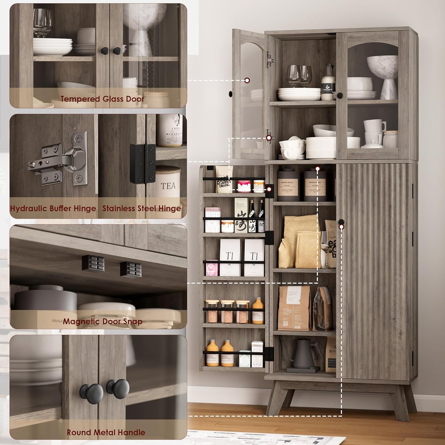 QUW 63.4" Kitchen Pantry Storage Cabinet, Tall Pantry with Glass Doors and Adjustable Shelves, Modern Freestanding Floor Cabinet Cupboard for Kitchen, Living Room, Dining Room, Grey