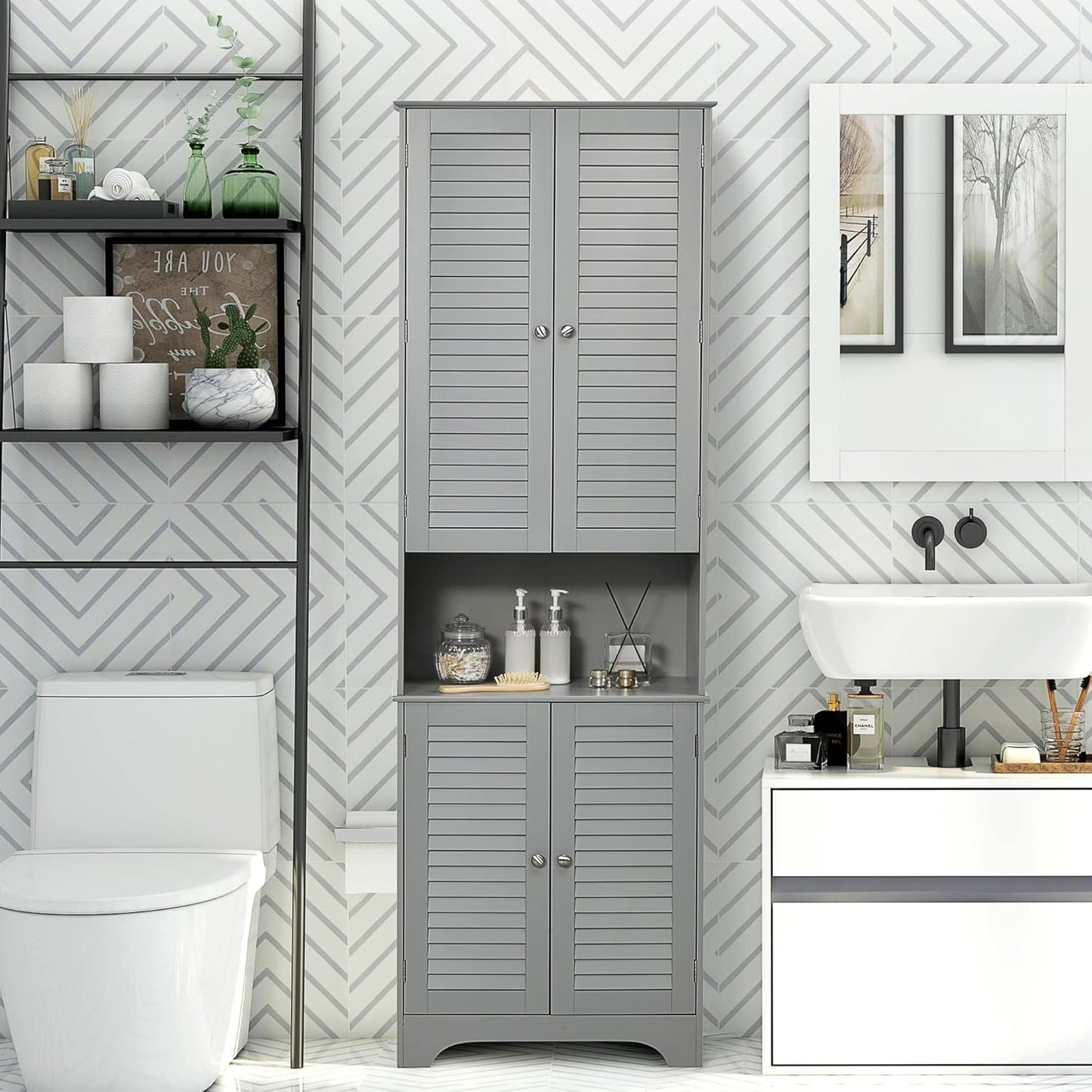 HOMCOM Tall Narrow Bathroom Storage Cabinet with Doors and Shelf Adjustability, Freestanding Linen Cabinet with 2 Cabinets and Countertop, Gray
