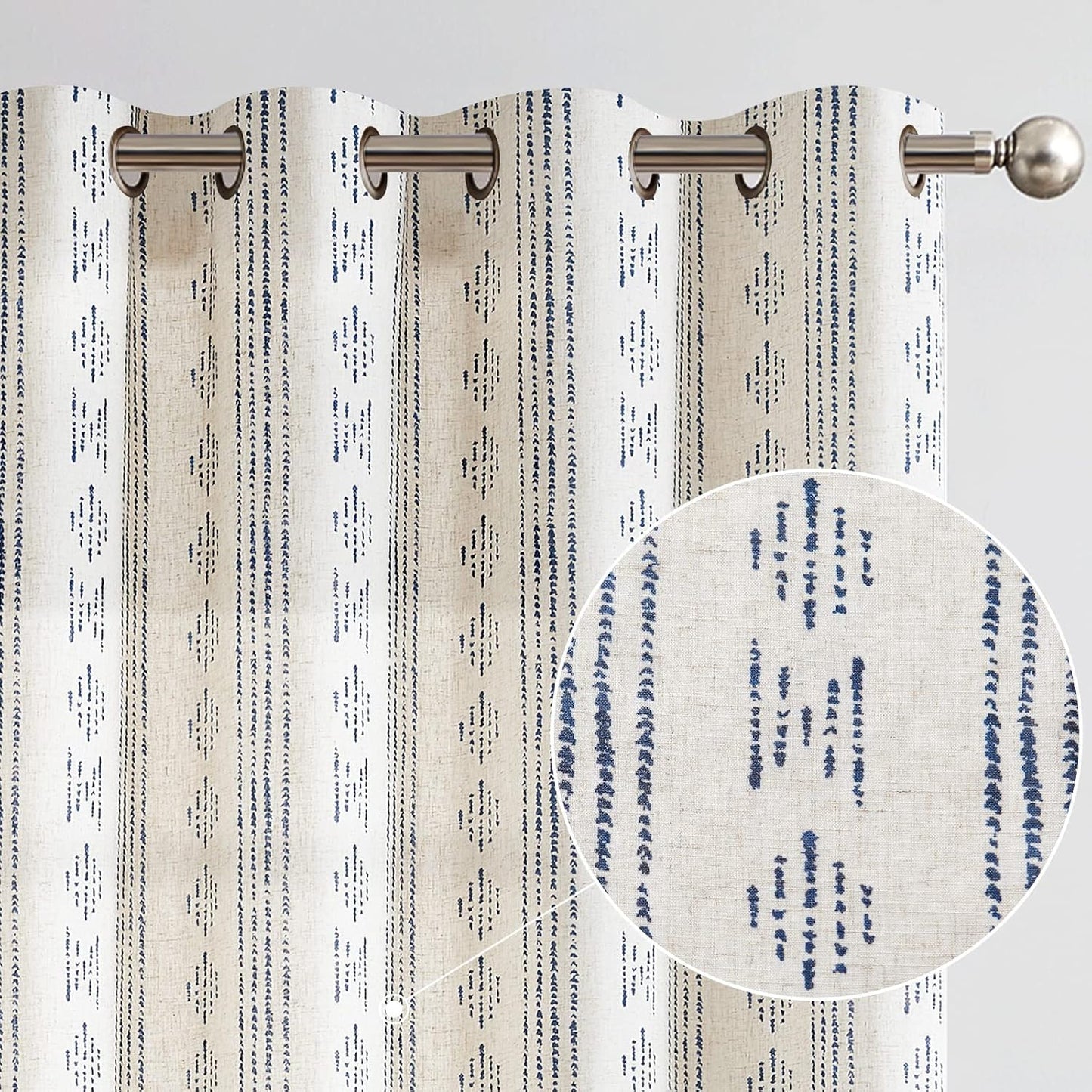 jinchan Linen Blend Boho Curtains for Living Room, 84 Inch Long Blue Printed on Beige Retro Farmhouse Bohemian Geometric Drapes, Light Filtering Back Tab Curtains 2 Panels