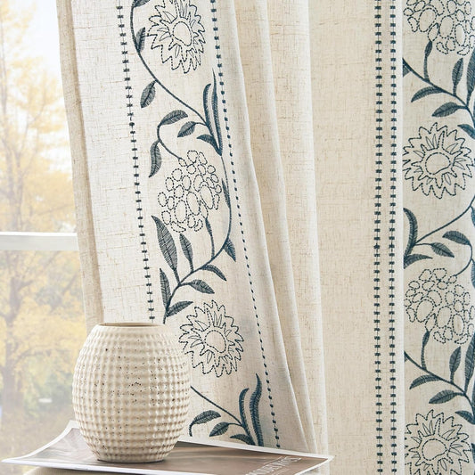 jinchan Winslow Linen Curtains 96 inches Long for Bedroom Embroidered Bordered Floral Curtains for Living Room Farmhouse Decor Light Filtering Window Treatments Blue on Beige Drapes 2 Panels