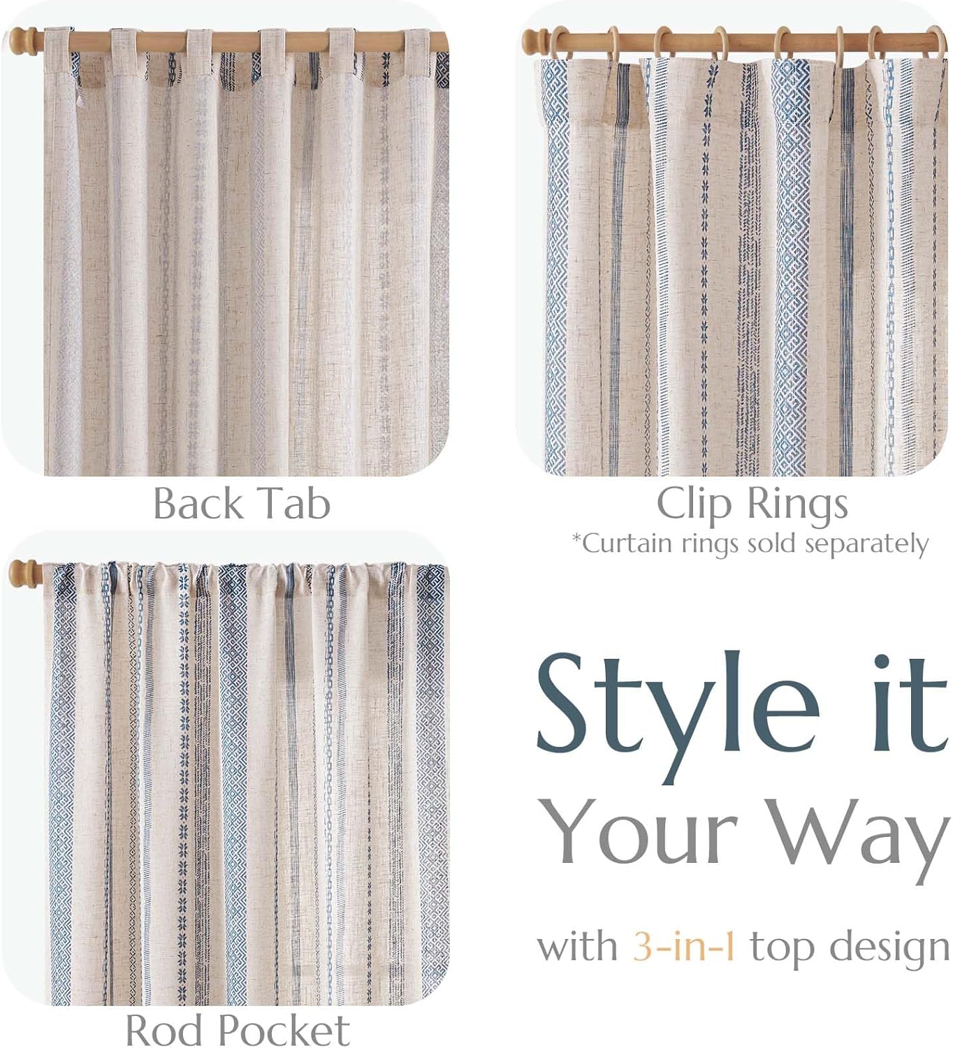 jinchan Linen Blend Boho Curtains for Living Room, 84 Inch Long Blue Printed on Beige Retro Farmhouse Bohemian Geometric Drapes, Light Filtering Back Tab Curtains 2 Panels