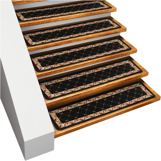 House, Home and More Set of 15 Skid-Resistant Carpet Stair Treads – Traditional Lattice with Floral Border – Ebony Black – 8 Inches X 26 Inches
