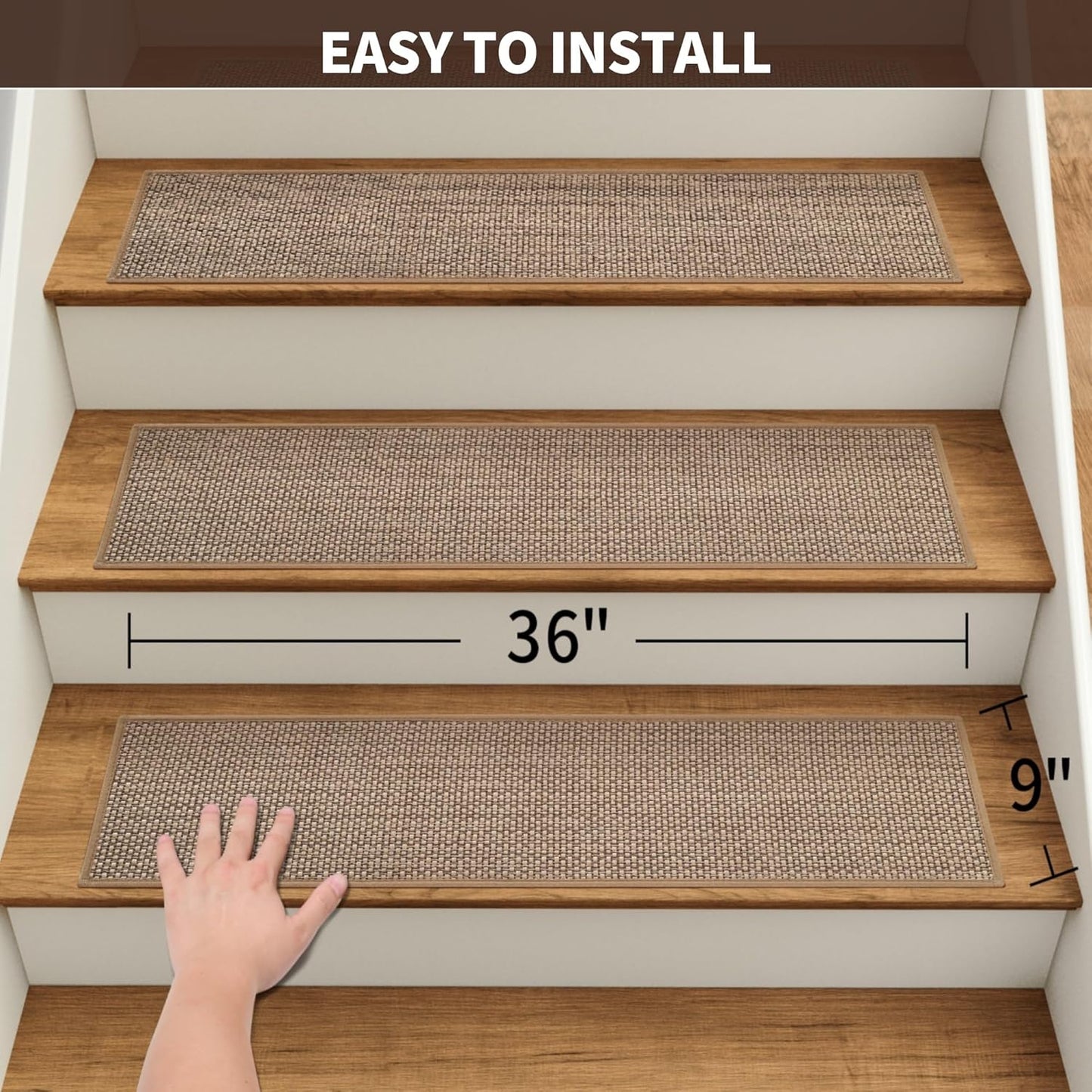 Linen Stair Treads for Wooden Steps Indoor 36x9 inch, 15pcs Upgraded Self Adhesive Backing Non Slip Stair Carpets, Peel and Stick Stair Runner Rugs, Reusable Staircase Step Treads(Beige)