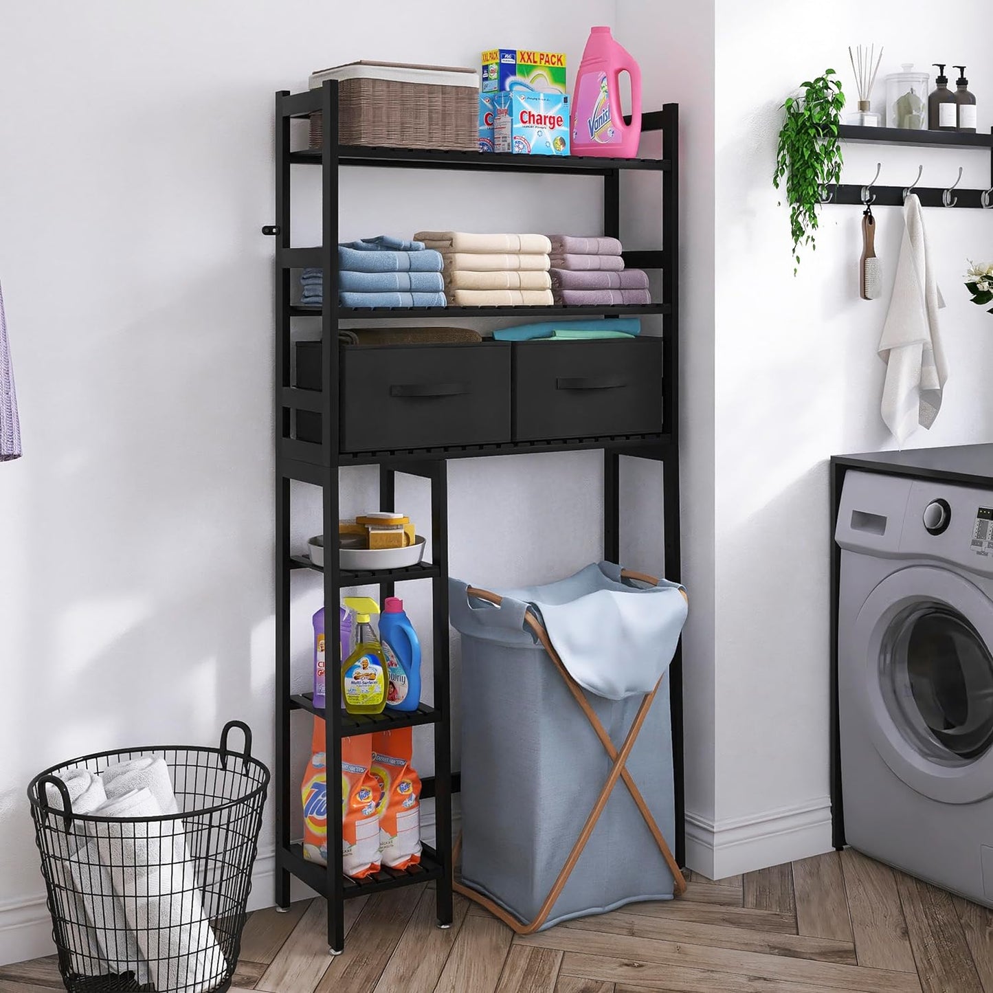 SMIBUY Over-The-Toilet Storage Rack, 6-Tier Bamboo Large Bathroom Organizer with Side Shelves and 2 Drawers, Stable Freestanding Space Saver for Bathroom, Laundry Room(Black)