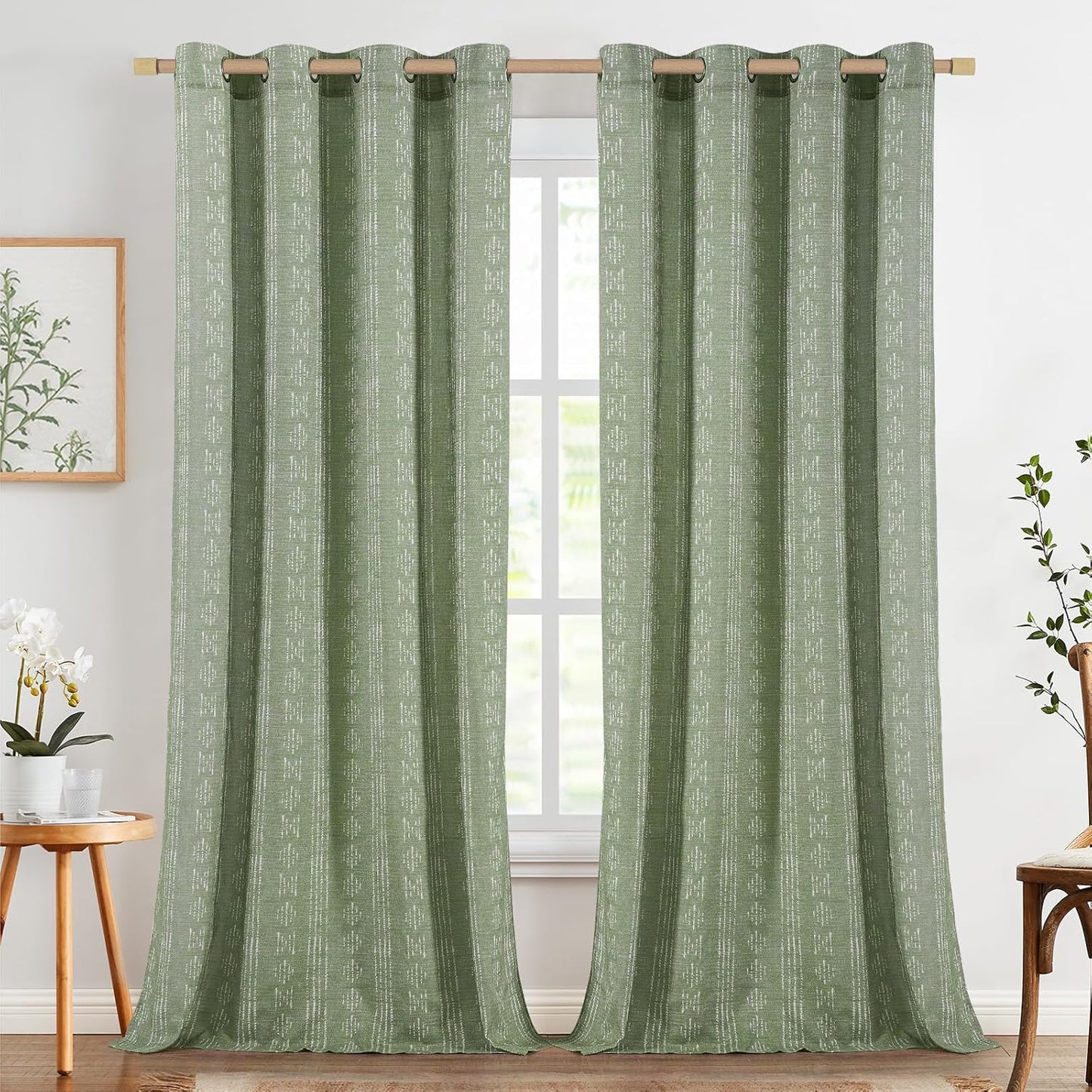 jinchan Linen Blend Boho Curtains for Living Room, 84 Inch Long Blue Printed on Beige Retro Farmhouse Bohemian Geometric Drapes, Light Filtering Back Tab Curtains 2 Panels