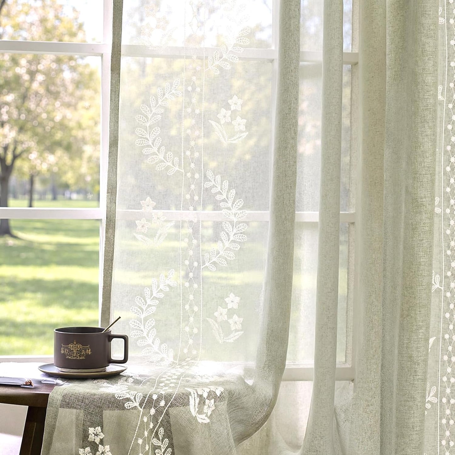 jinchan Belrose Linen Curtains for Bedroom Floral Curtains 84 Inch Length Linen Blend Beige Embroidered Drapes Farmhouse Flower Patterned Drapes for Living Room Window Treatments Set 2 Panels