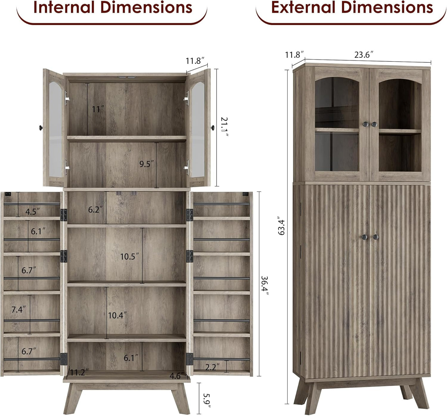 QUW 63.4" Kitchen Pantry Storage Cabinet, Tall Pantry with Glass Doors and Adjustable Shelves, Modern Freestanding Floor Cabinet Cupboard for Kitchen, Living Room, Dining Room, Grey