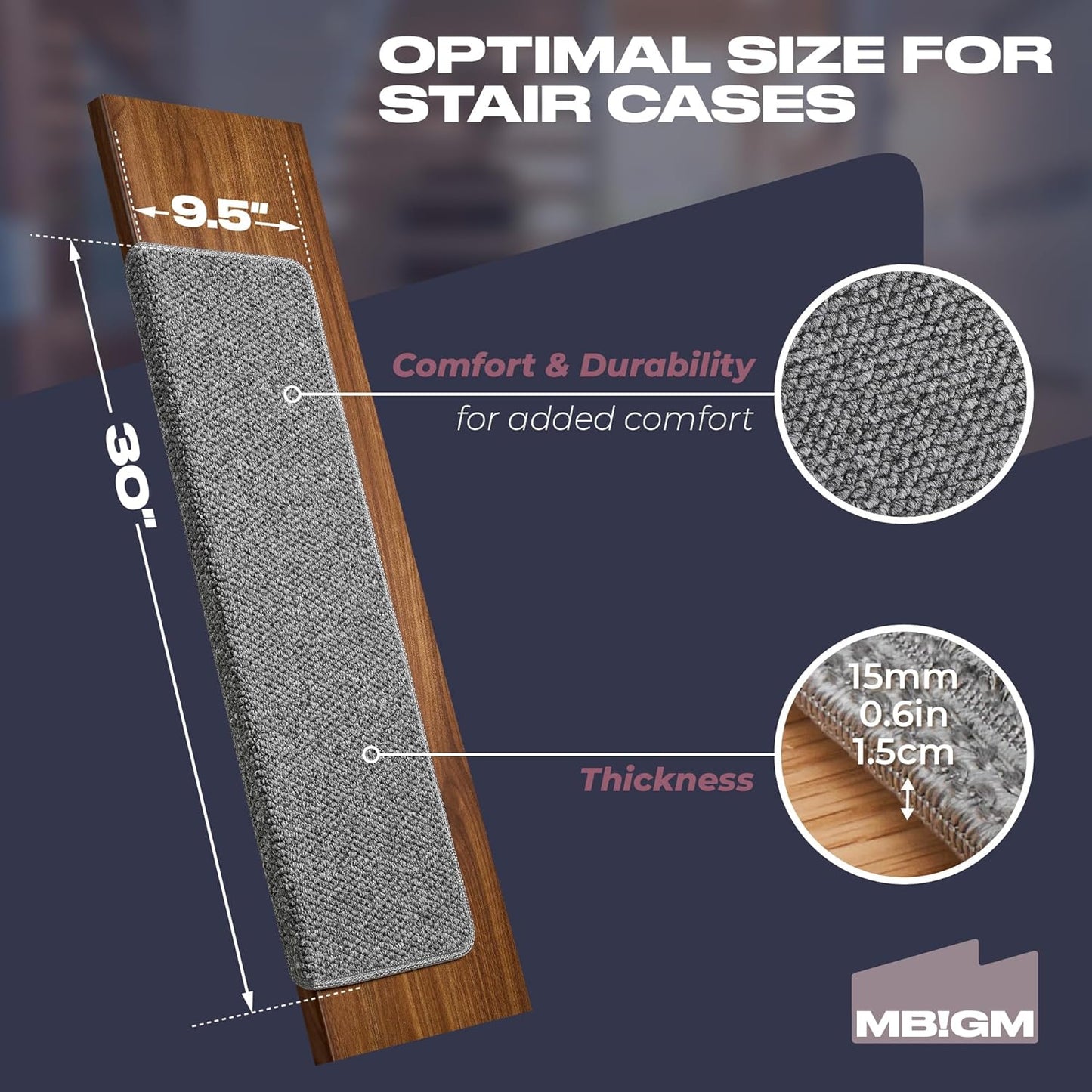 MBIGM Bullnose Non-Slip Stair Treads w/Reusable Adhesive 14 Pack 9.5" x 30" Wooden Steps Protection - TPU Backing with Steel Reinforcement - Anti-Slip Solution Knitted Dark Gray Non Slip Stair Tread