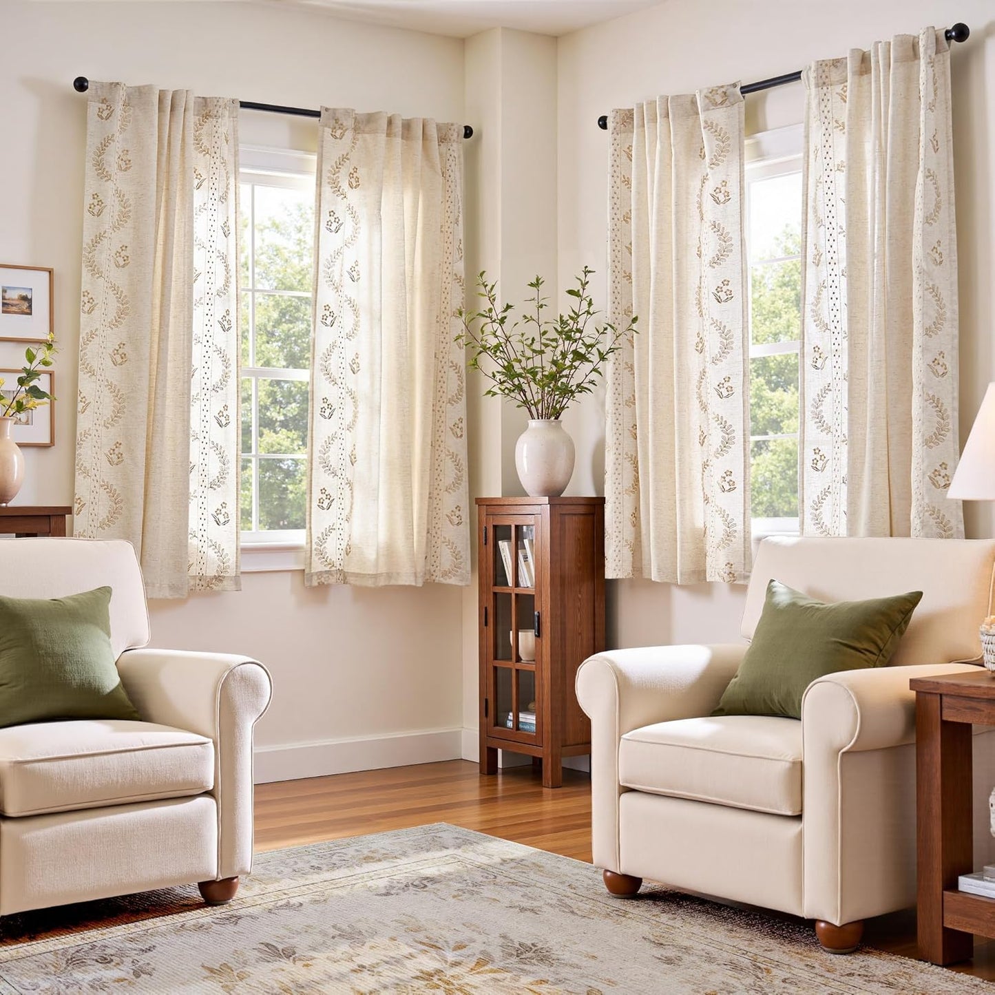 jinchan Belrose Linen Curtains for Bedroom Floral Curtains 84 Inch Length Linen Blend Beige Embroidered Drapes Farmhouse Flower Patterned Drapes for Living Room Window Treatments Set 2 Panels