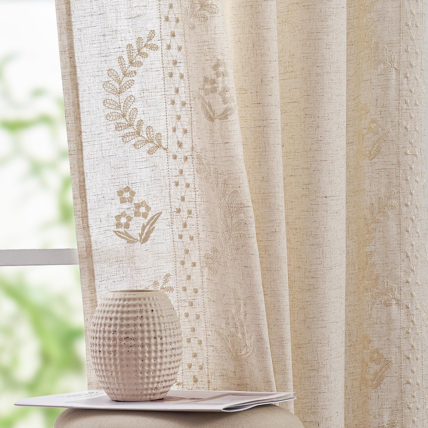 jinchan Belrose Linen Curtains for Bedroom Floral Curtains 84 Inch Length Linen Blend Beige Embroidered Drapes Farmhouse Flower Patterned Drapes for Living Room Window Treatments Set 2 Panels