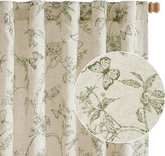Lazzzy Green Floral Linen Farmhouse Curtains 84 Inch Long Back Tab Drapes for Living Room Bedroom Light Filtering Vintage Rod Pocket, 2 Panels, Green on Beige