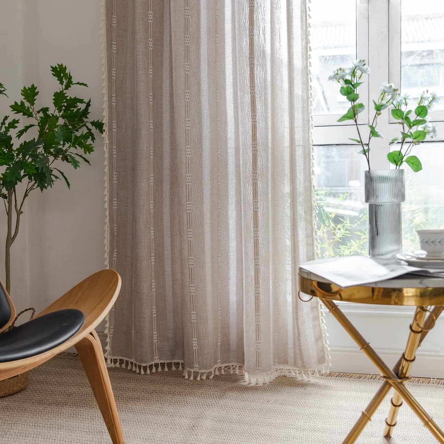 Linen Curtains 84 Inches Long - Embroidery Striped Farmhouse for Living Room, Tassel Boho for Bedroom, Light Filtering 2 Panels Set Rod Pocket Drapes (52" W x 84" L, Khaki)