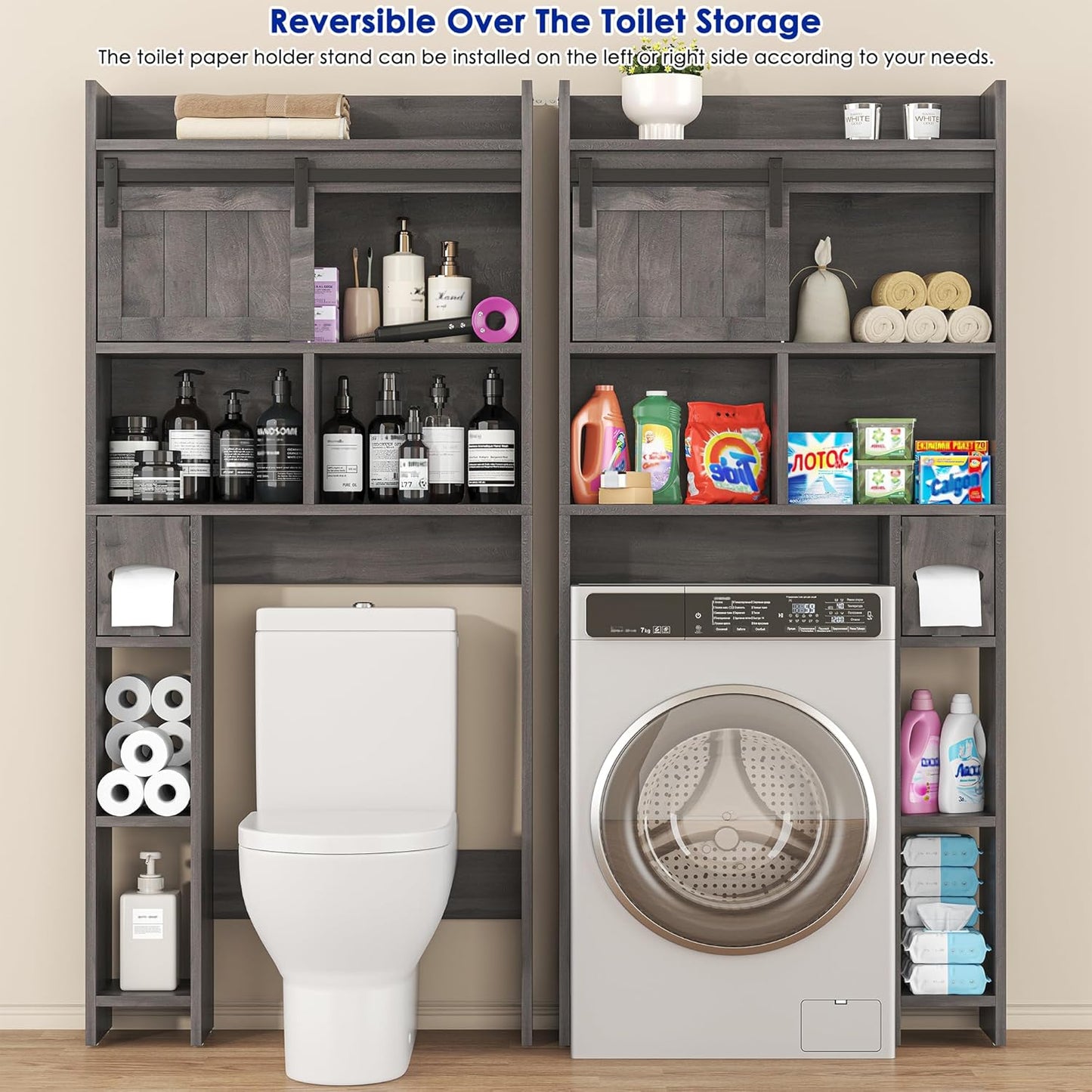 Over-The-Toilet Storage Cabinet with Sliding Door & Toilet Paper Holder Stand, Bathroom Organizer with Side Storage for Restroom, Dark Grey
