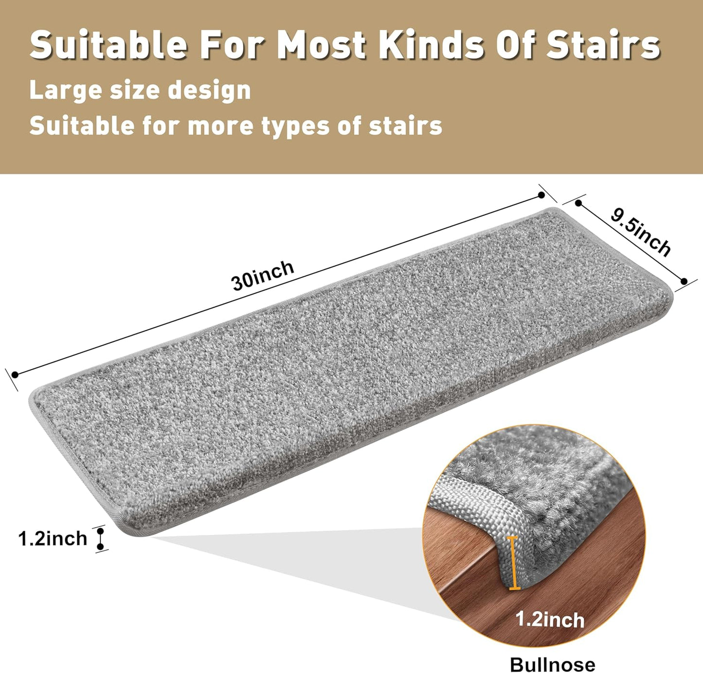PURE ERA Bullnose Carpet Stair Treads Set Tape Free Non-Slip Indoor Stair Protectors Pet Friendly Rugs Covers Soft Skid Resistant Washable Reusable 9.5" x 30"(14 Pieces,Gray)